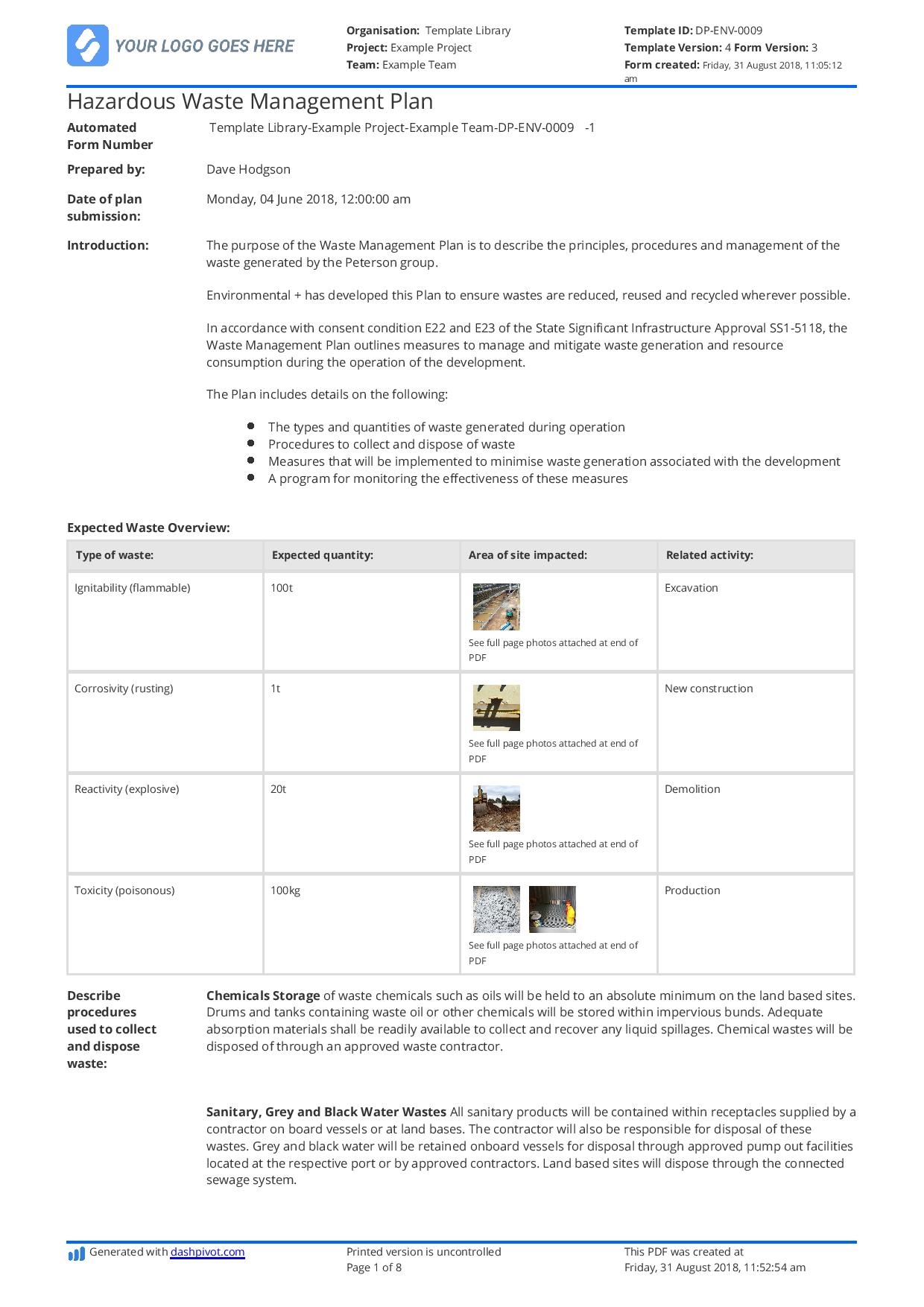 Hazardous Waste Management Plan Template And Sample