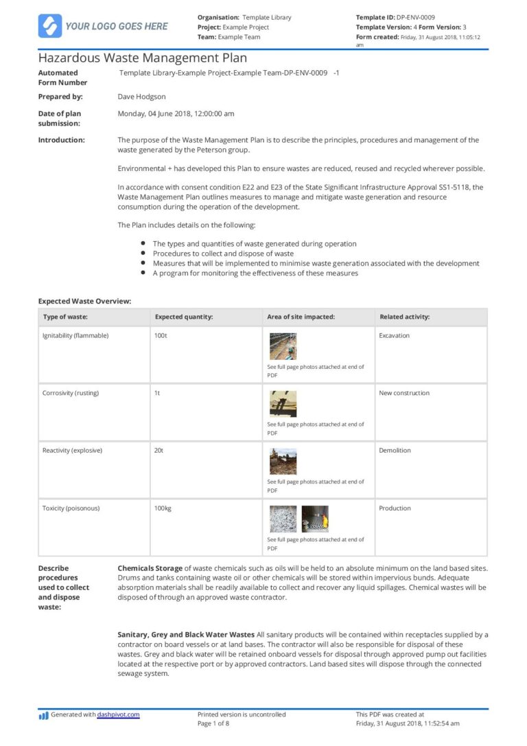 Hazardous Waste Management Plan Template And Sample