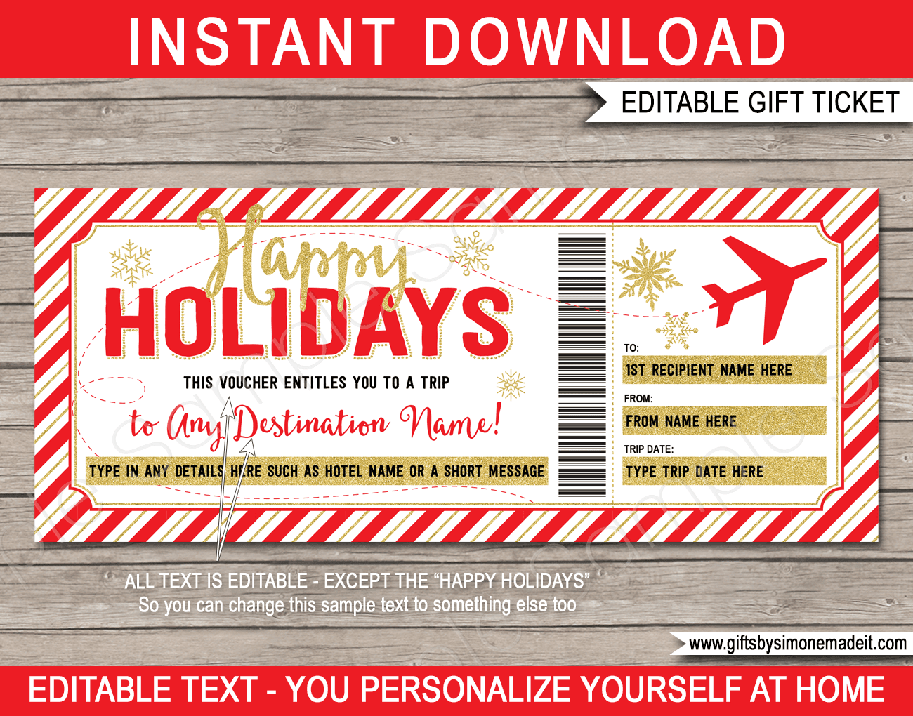 Holiday Plane Ticket Voucher Template Red U0026 Gold