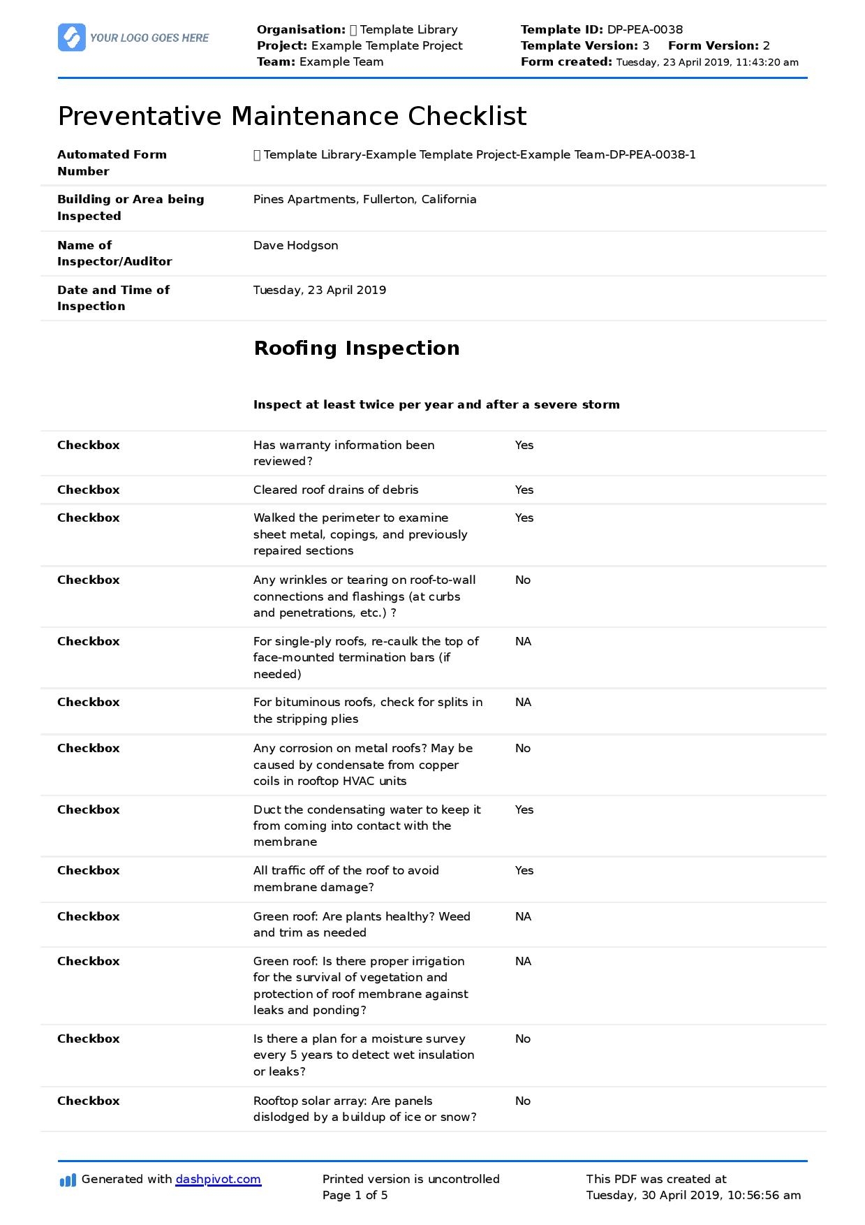 Maintenance Plan Template