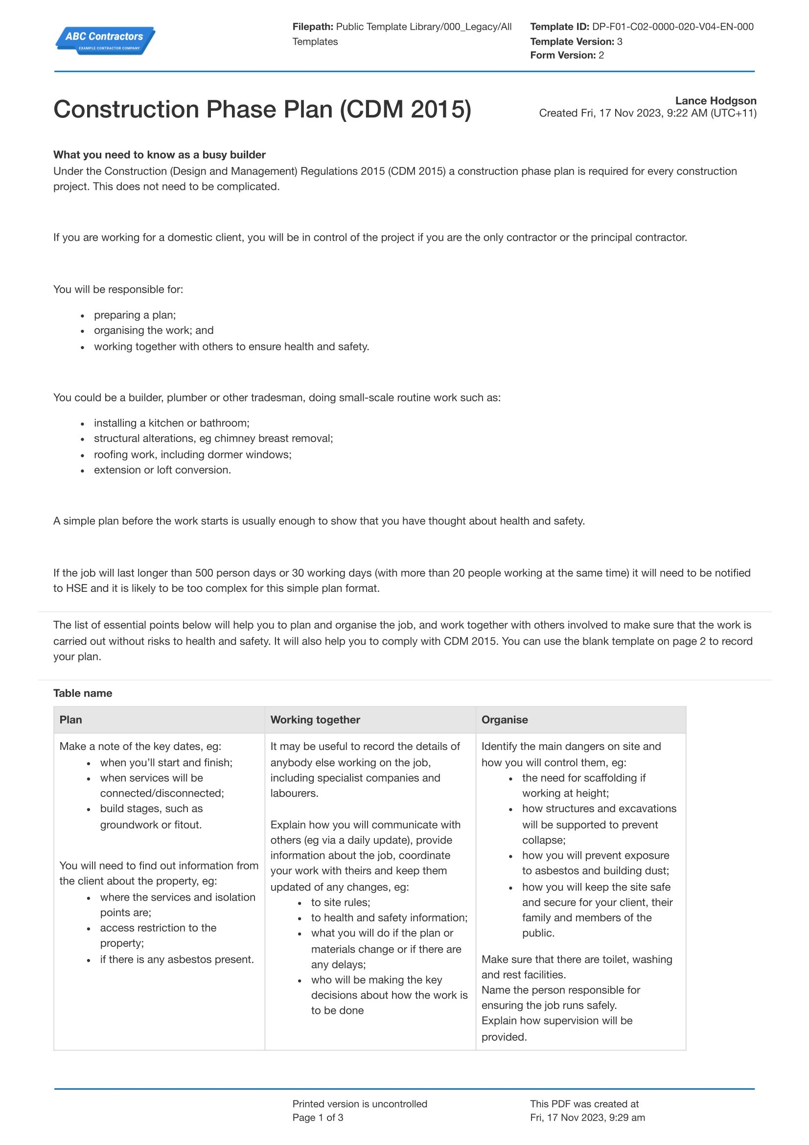 Construction Site Safety Plan Template