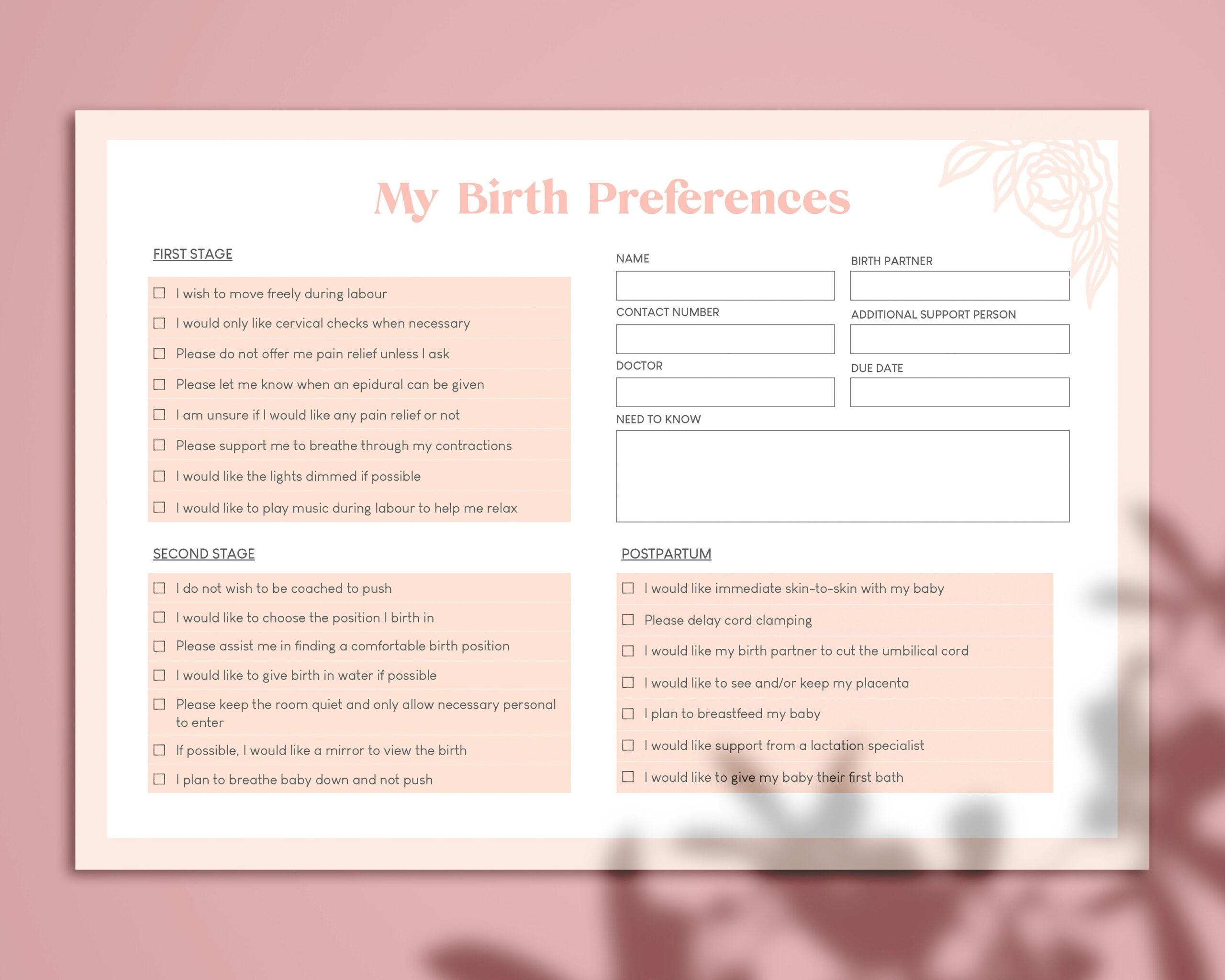 Instant Download Birth Plan Easy To Fill Birth Template Natural Hospital Birth Print Ready