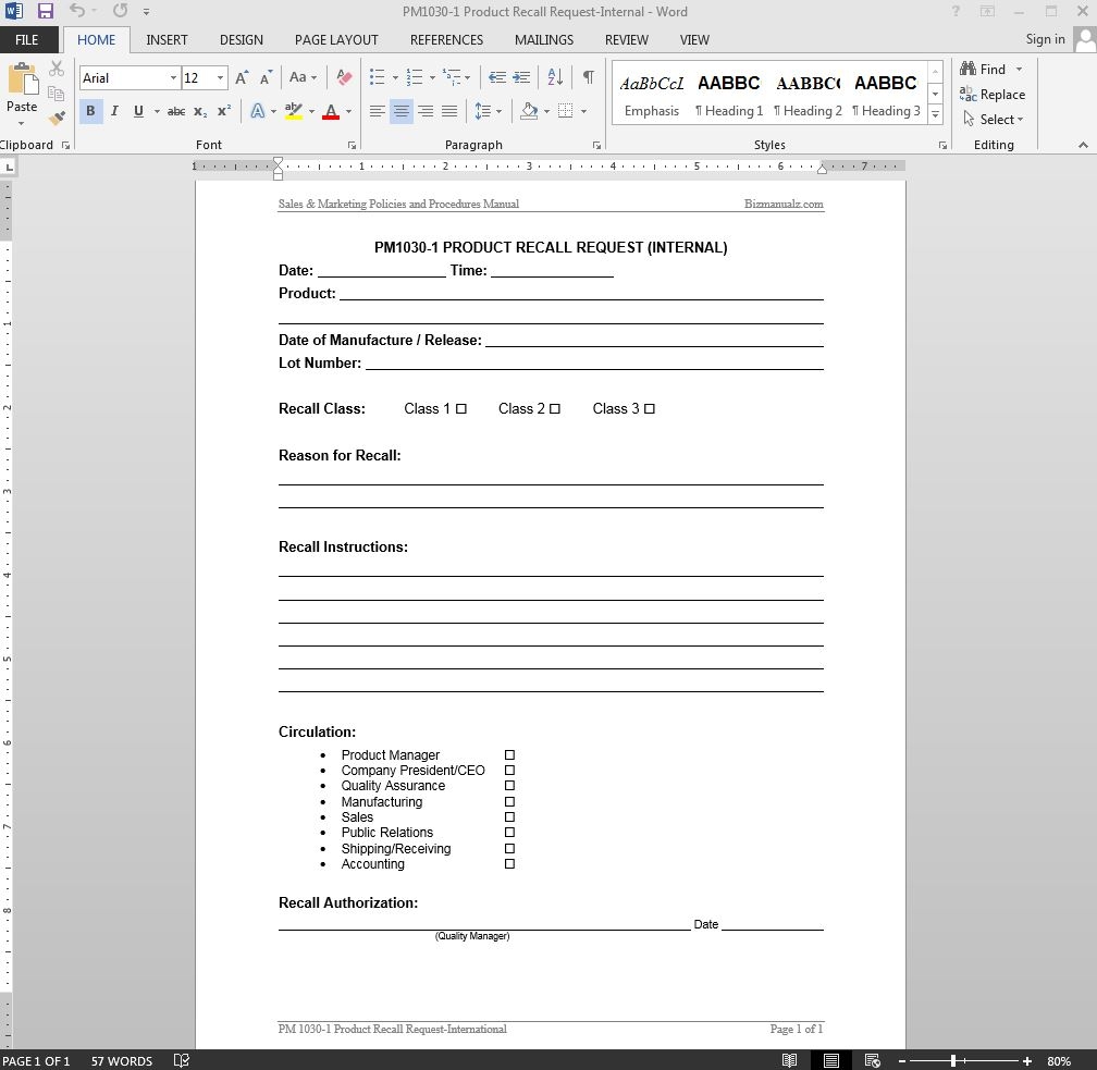 Product Recall Plan Template