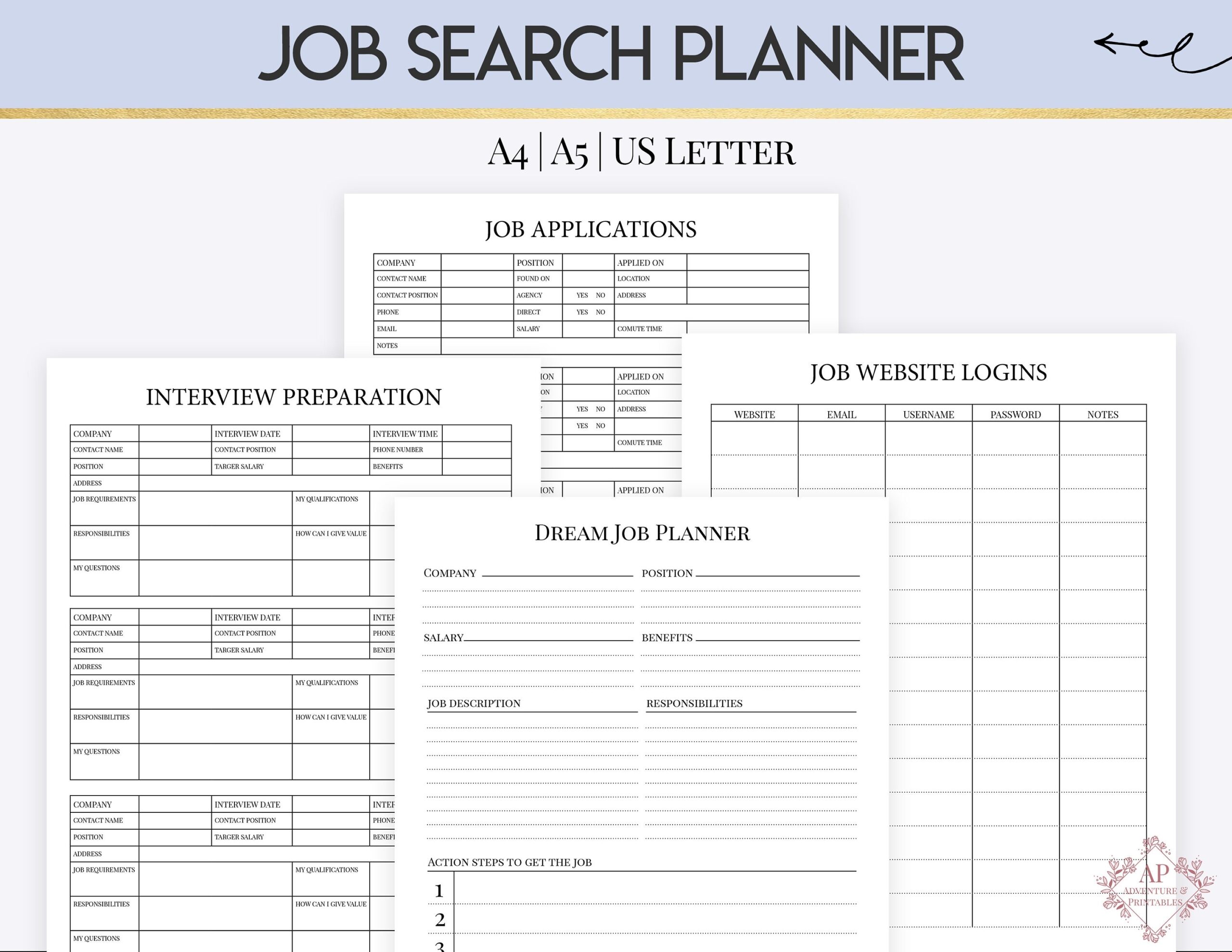Job Search Planner Job Application Planner Dream Job Interview Planner Etsy UK