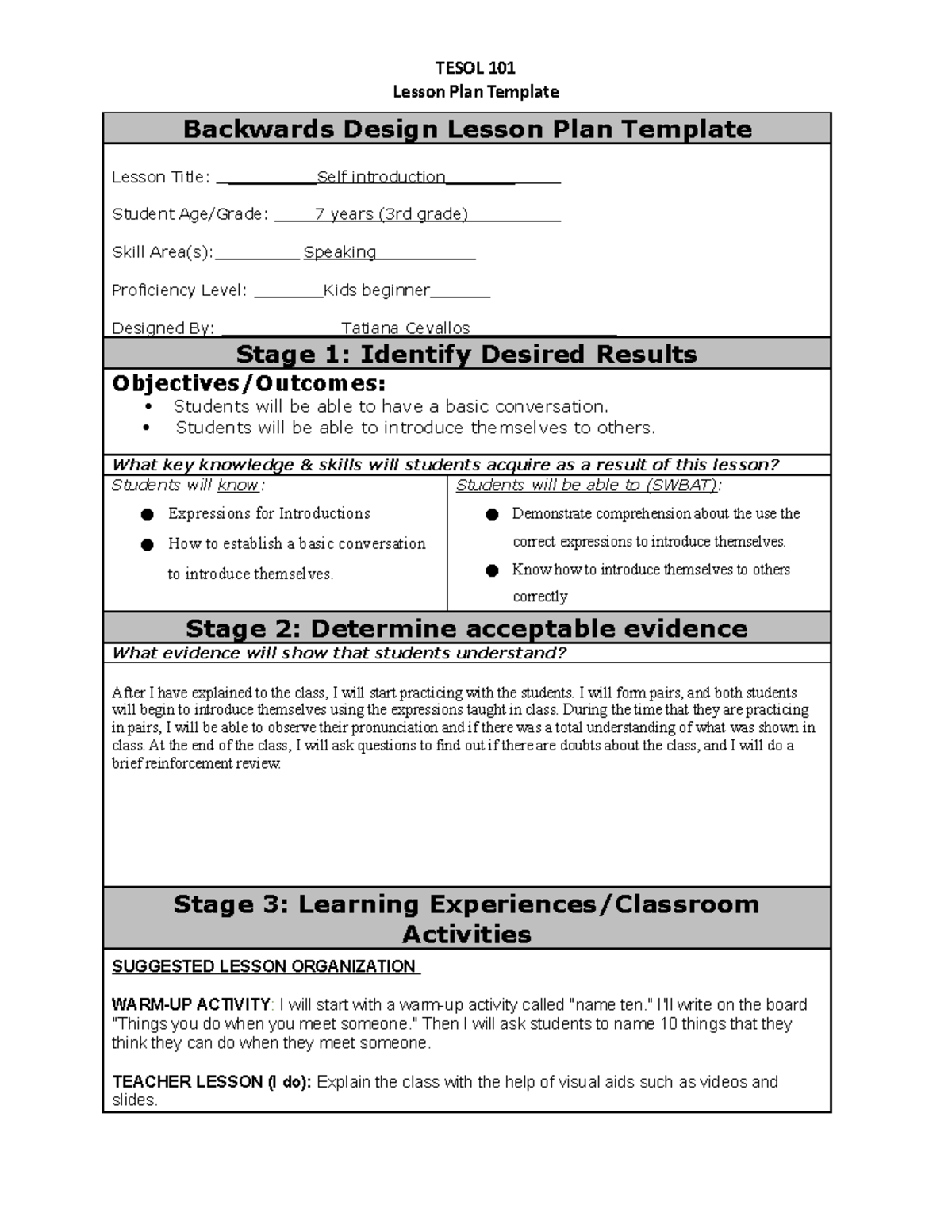 Lesson Plan 1 Minutes TESOL 101 Lesson Plan Template Backwards Design Lesson Plan Template Lesson Studocu
