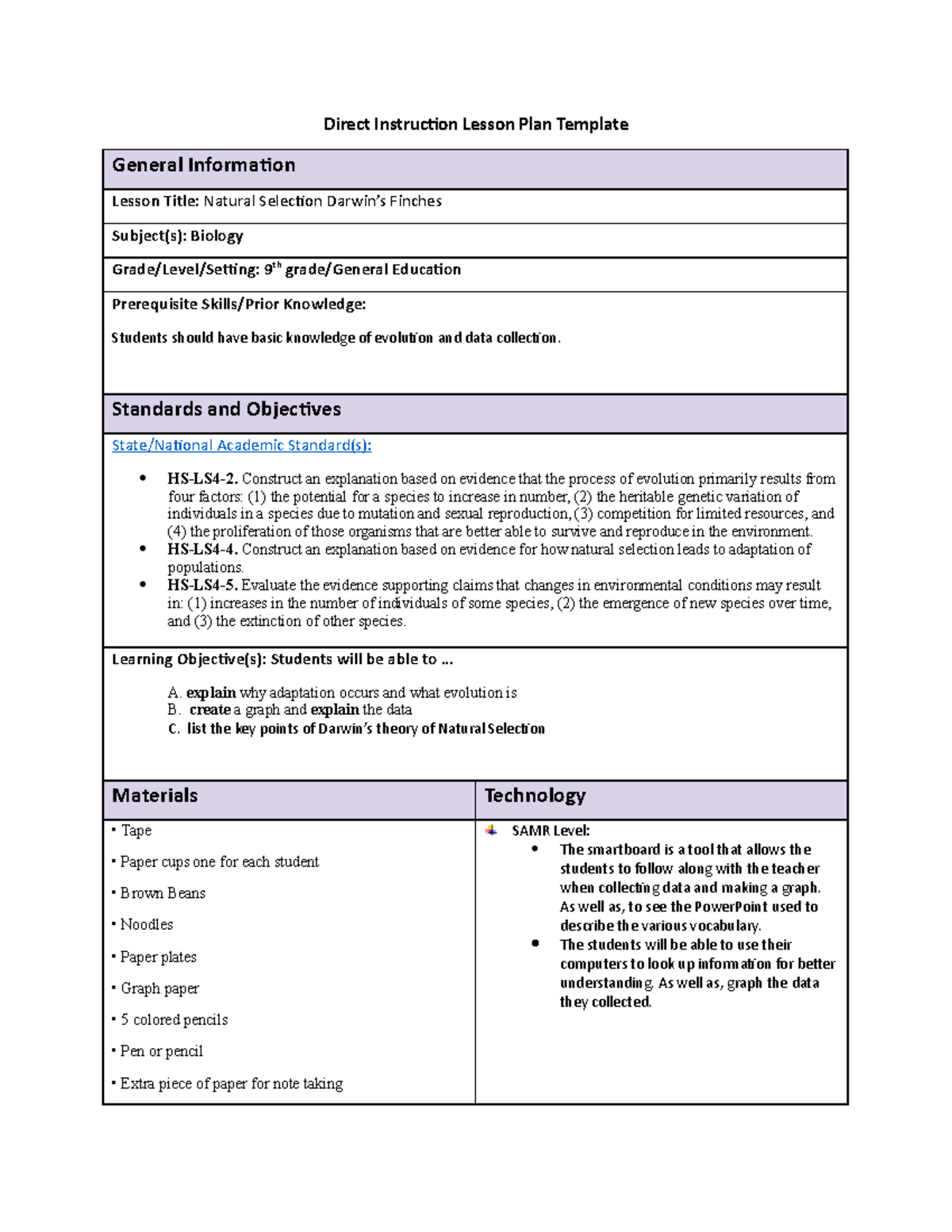 Lesson Plan Example Direct Instruction Lesson Plan Template 
