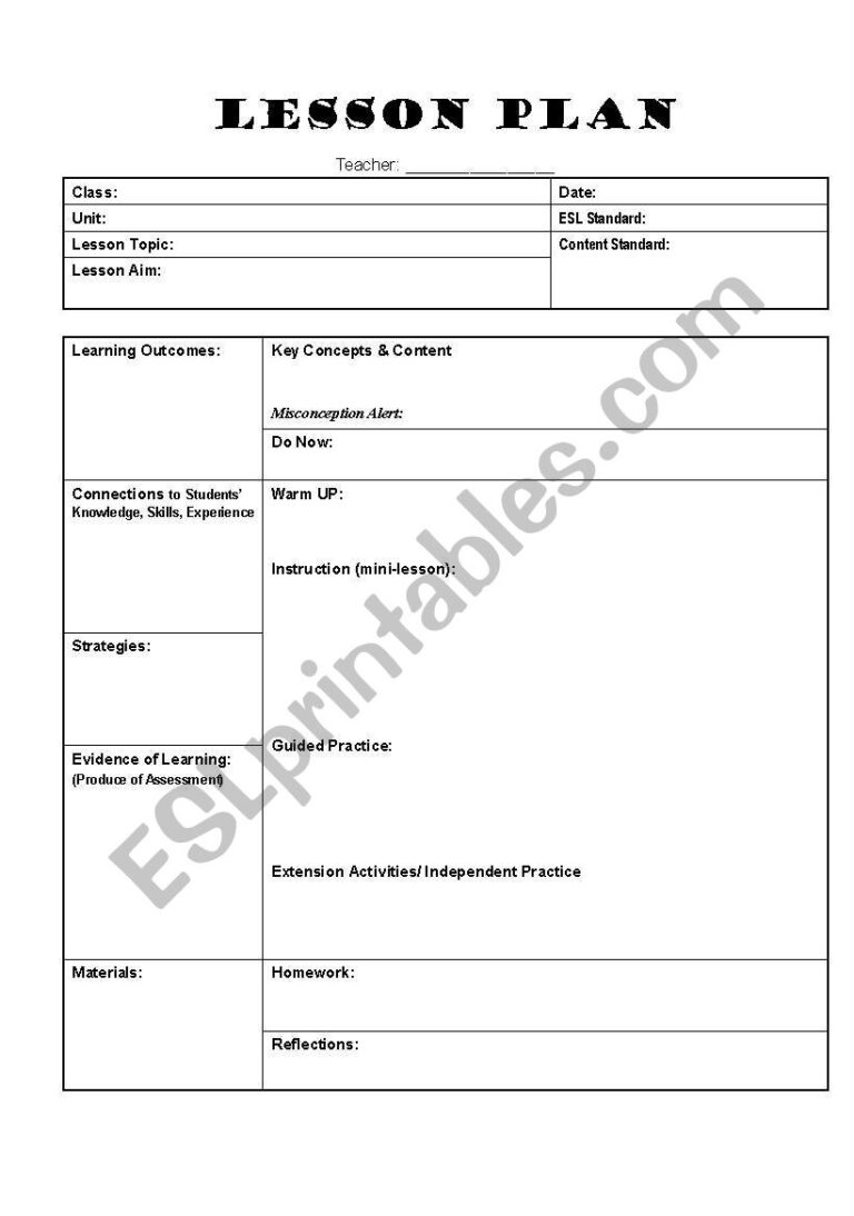 Lesson Plan Template ESL Worksheet By Gracie88