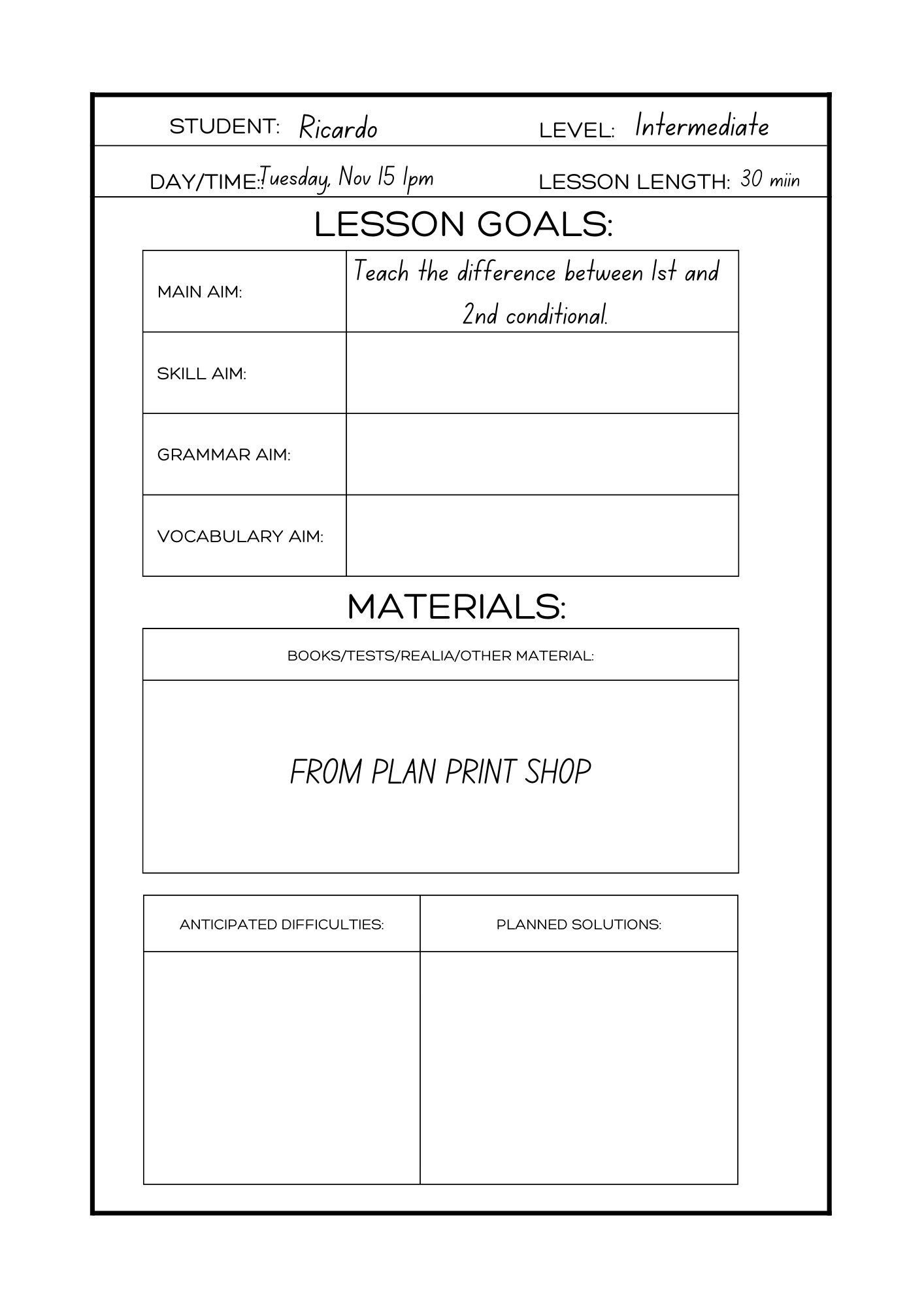 Lesson Plan Template For ESL TEFL Teachers Lesson Plan Printable Digital Etsy Denmark