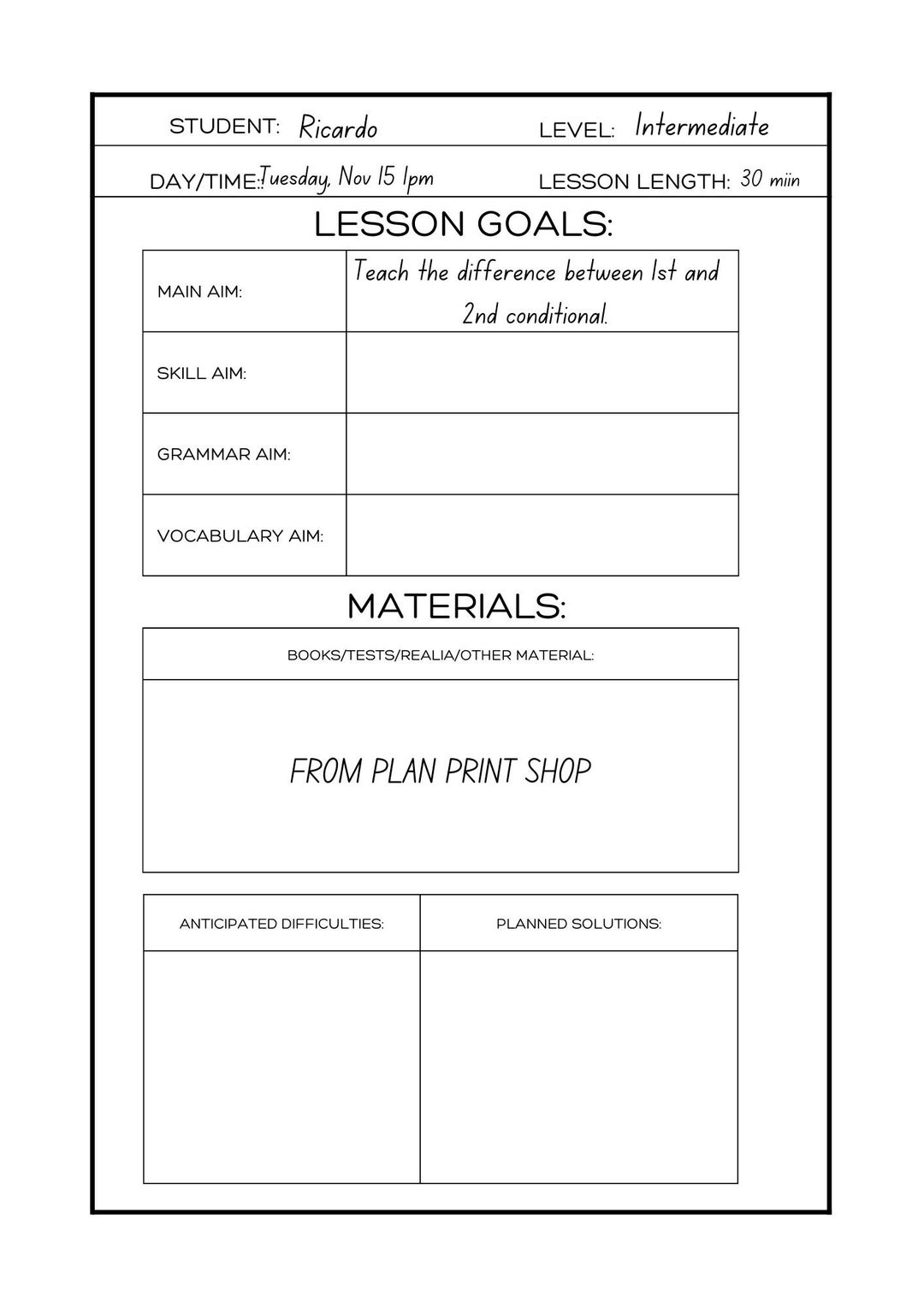 Lesson Plan Template For ESL TEFL Teachers Lesson Plan Printable Worksheets Library