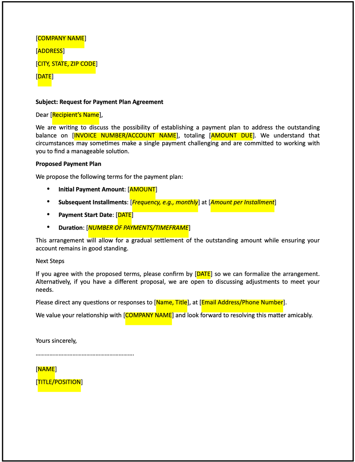 Letter Of Request For Payment Plan Agreement Free Template