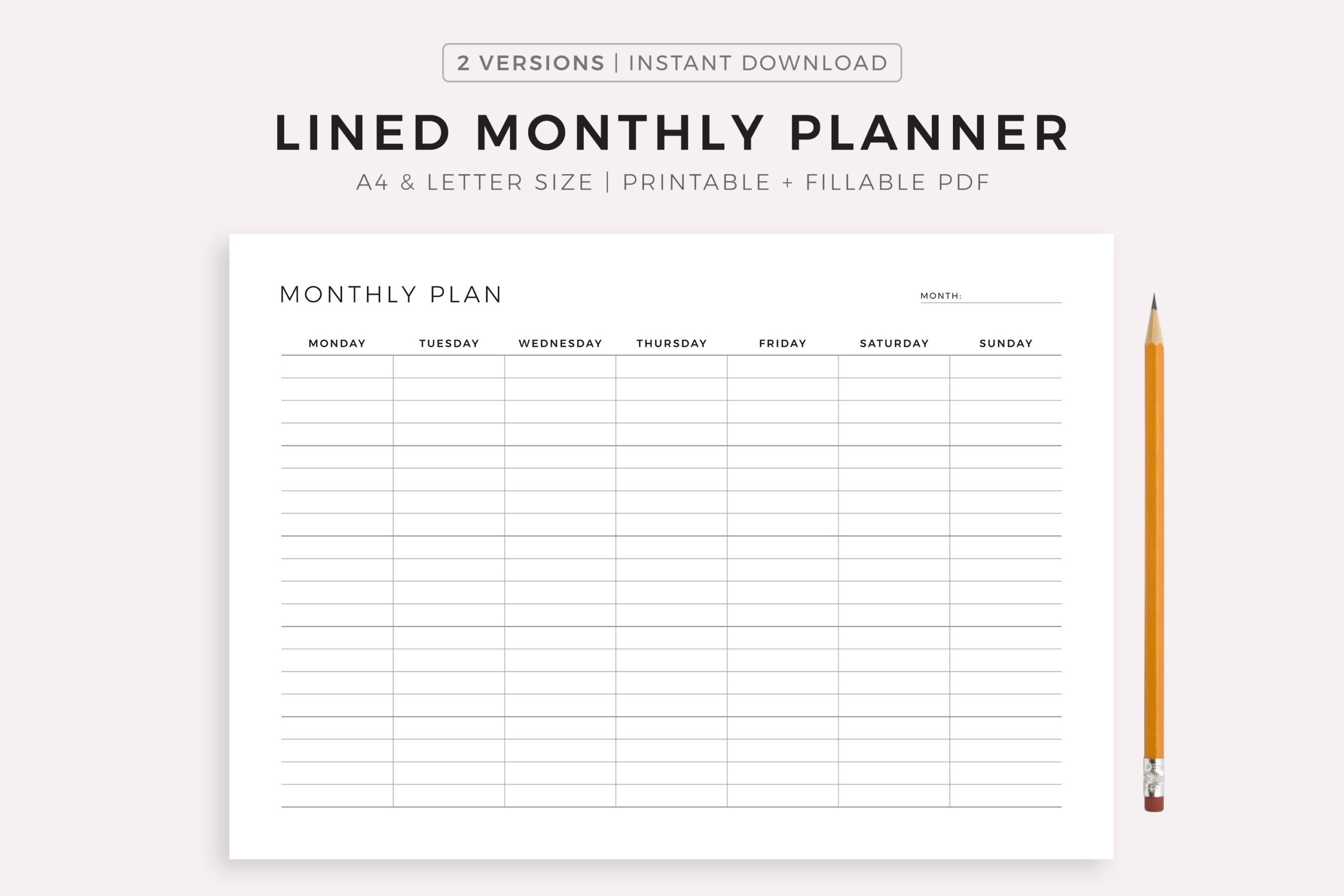 Lined Monthly Planner Printable U0026 Fillable PDF