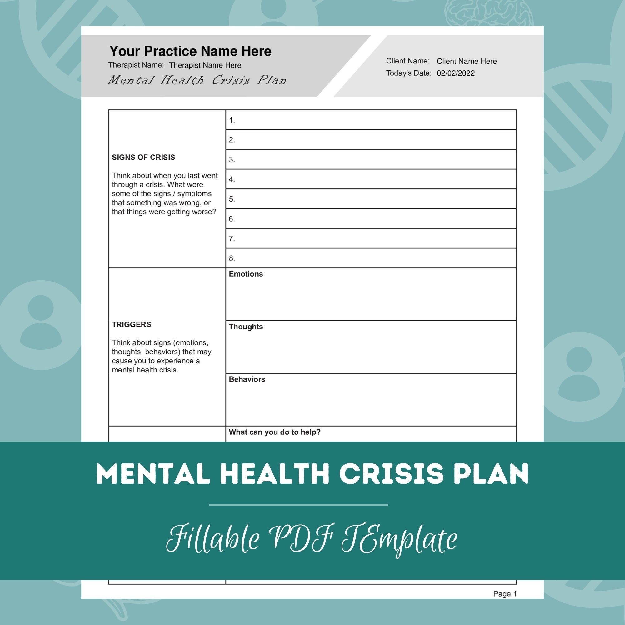Mental Health Crisis Plan Editable Fillable PDF For Counselors Psychologists Psychiatrists Therapists Etsy UK