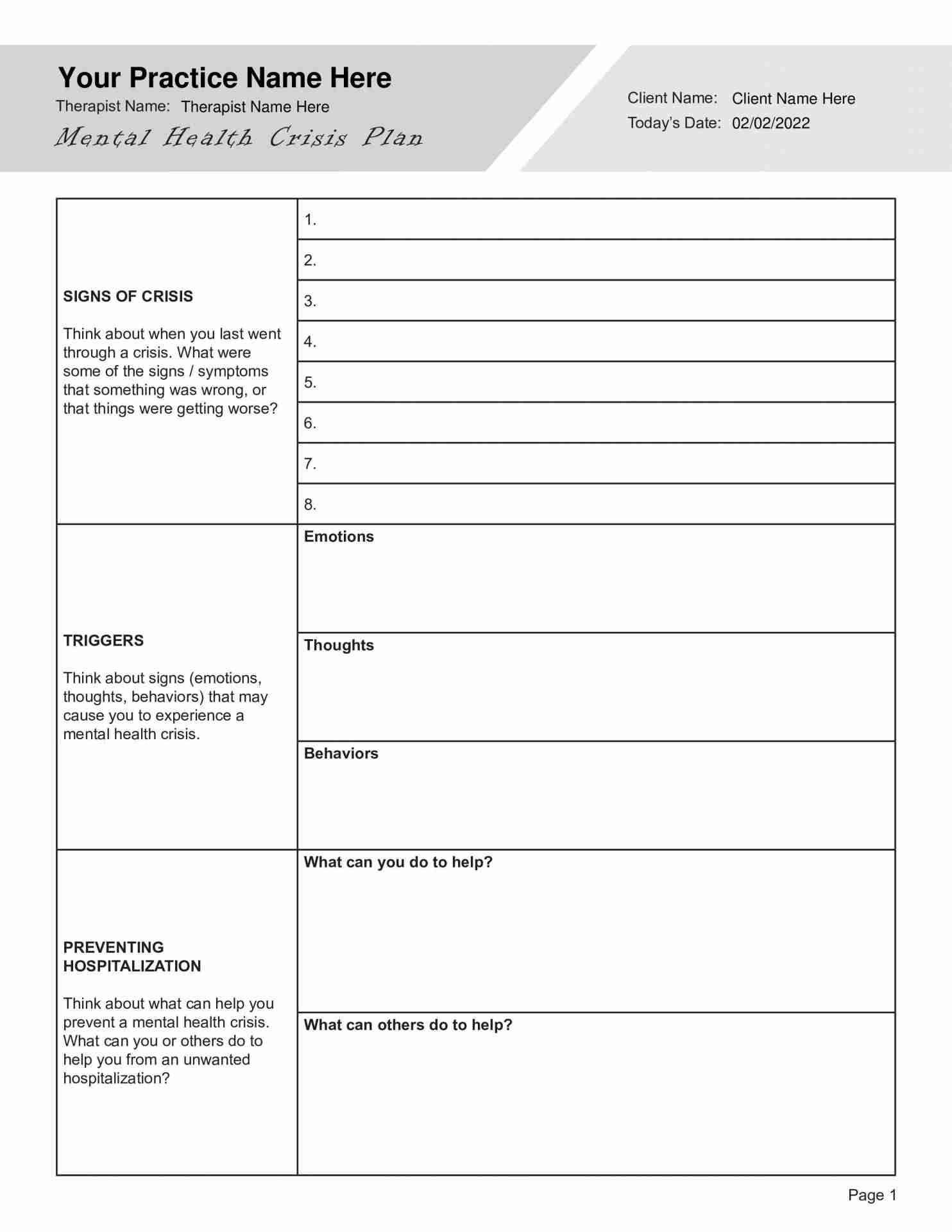 Mental Health Crisis Plan PDF Template 