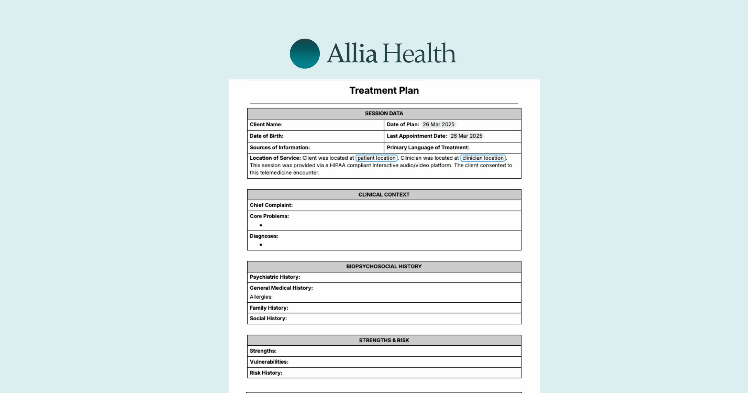 Treatment Plan Mental Health Template