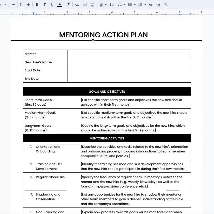 Mentoring Action Plan Template Human Resources Employee Onboarding Mentorship Planning Mentor Program Mentee Goals Mentoring Plan New Hire
