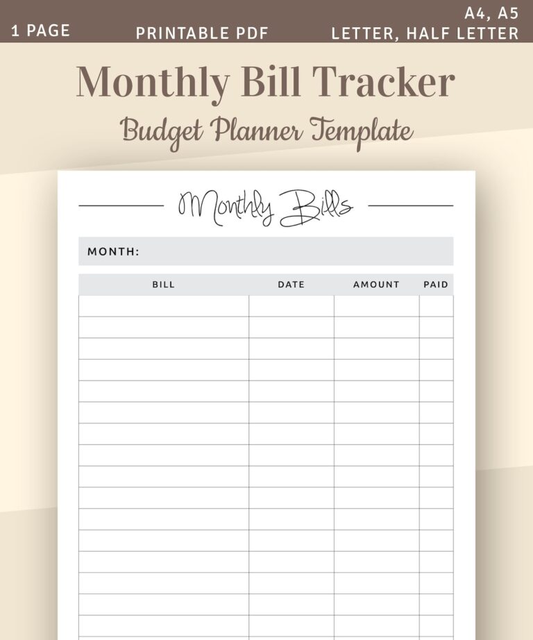 Monthly Bill Tracker Bill Planner Bill Payment Tracker Printable Monthly Budget Planner A4 A5 Letter Half Letter PDF Template Etsy