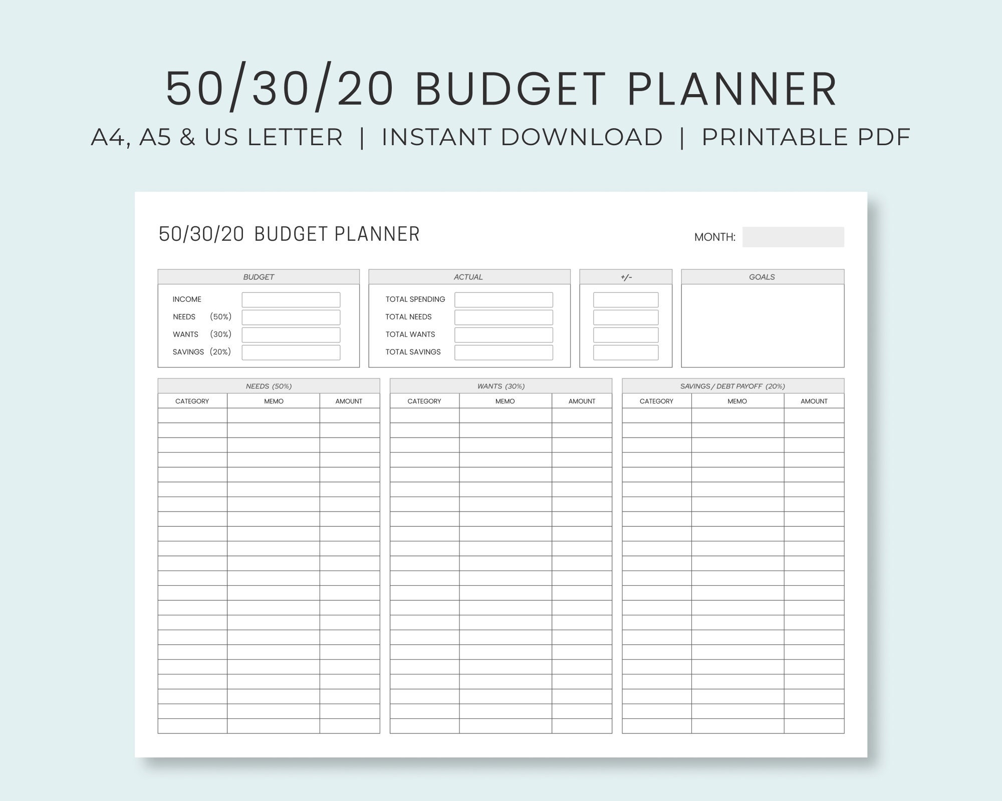 Monthly Budget Planner 50 30 20 Rule Income U0026 Expense Money 
