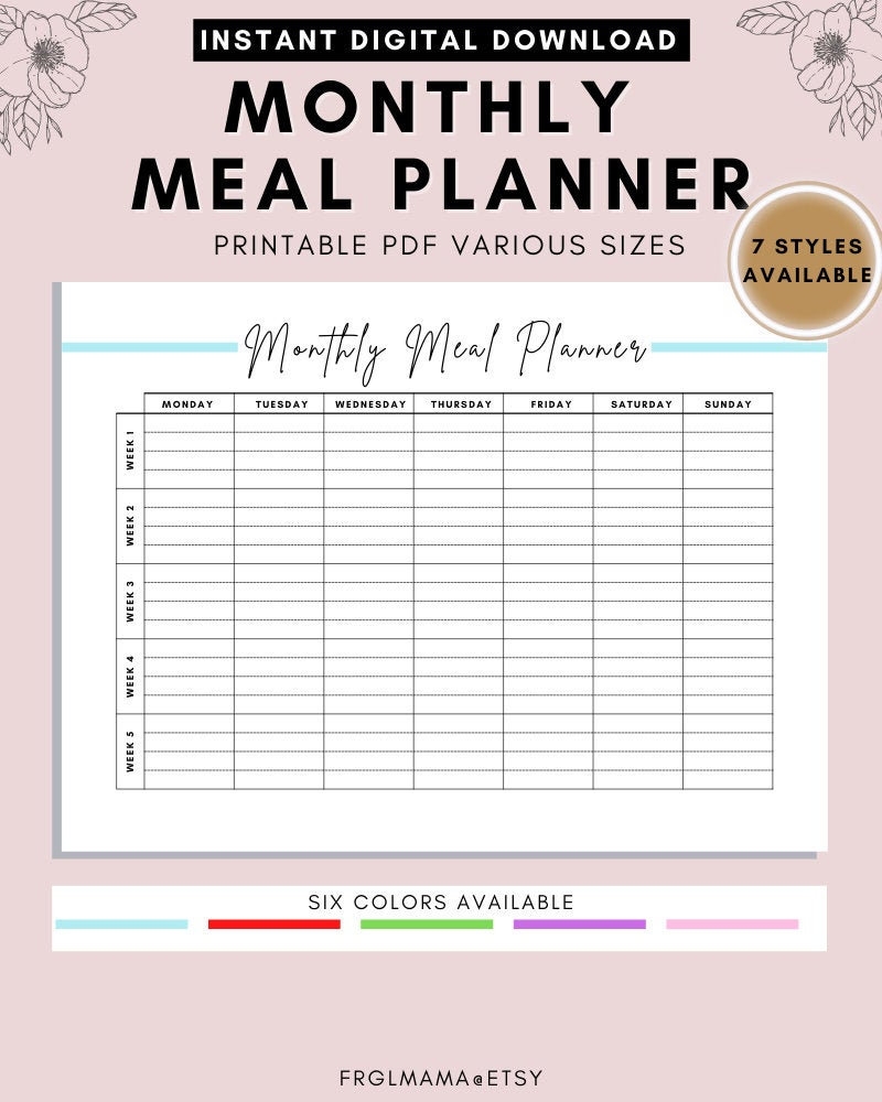 Monthly Meal Planner Meal Planner Printable Monthly Menu Planner 