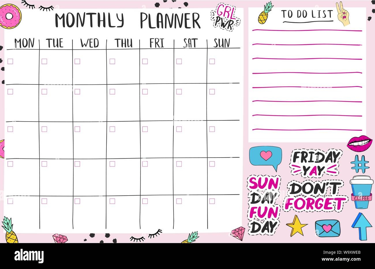 Monthly Planner Page Template With Cute Elents And Stickers Stock Vector Image U0026 Art Alamy