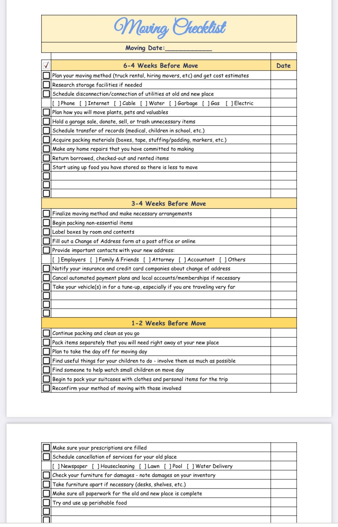 Moving Checklist TEMPLATE File Available For OpenOffice spreadsheet And Text Document MS Word MS Excel Pdf File Digital Download