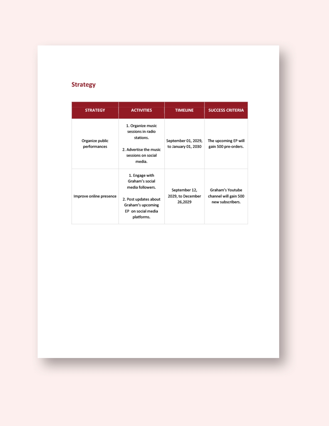 Music Marketing Plan Template In Word Pages Google Docs 