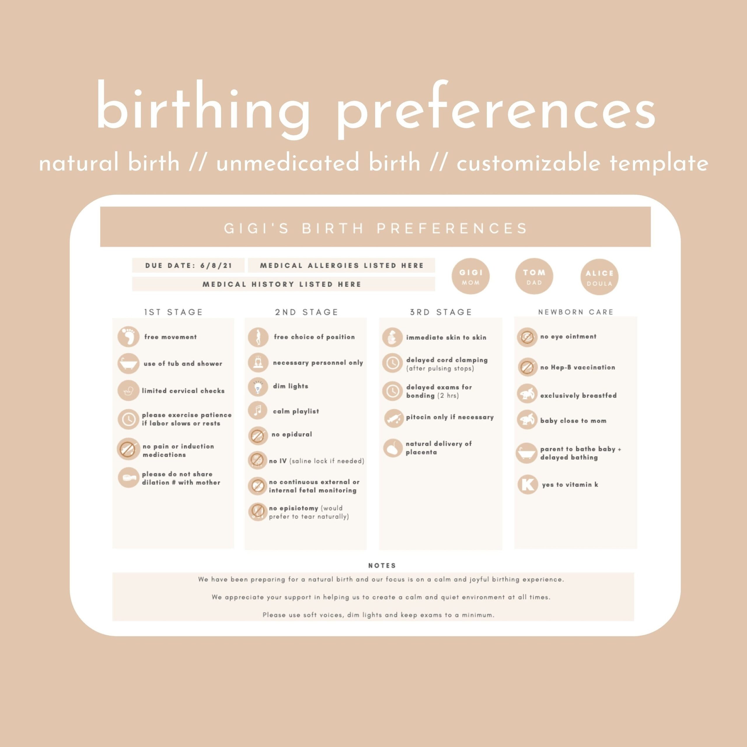 Natural Birth Preferences Editable Canva Template Unmedicated Birth Plan Instant Download Print At Home Etsy
