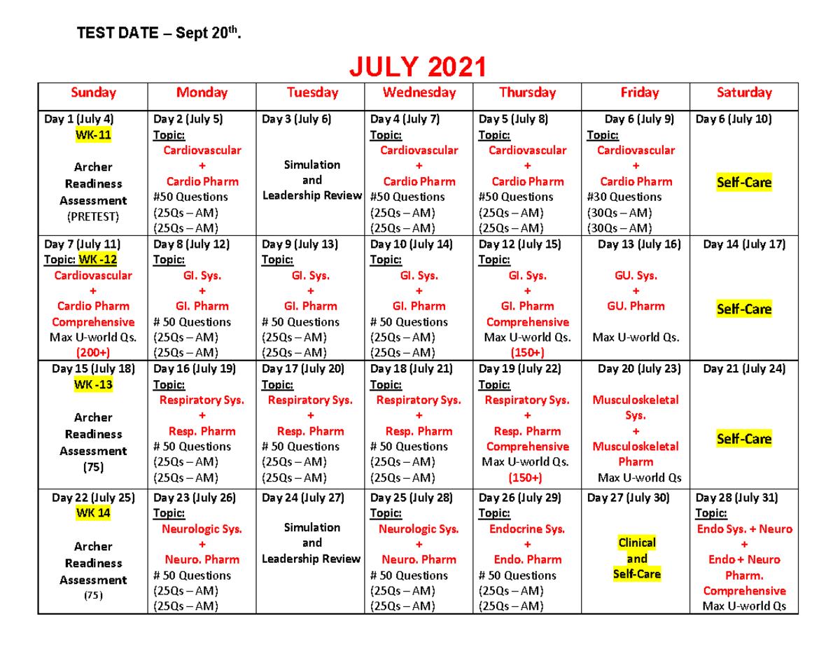 Nclex Study PLAN Sample Calendar For Studying TEST DATE Sept 20th JULY 2021 Sunday Monday Studocu
