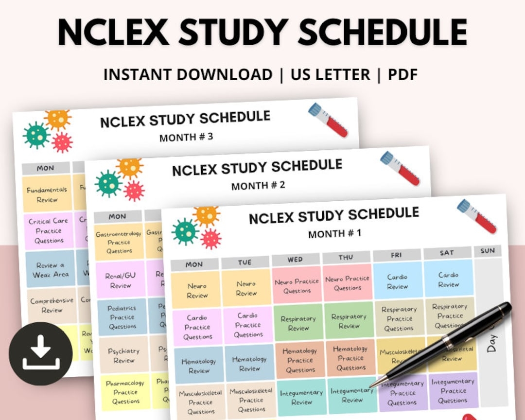 Nclex Study Schedule NCLEX RN Study Plan NCLEX Study Guide Med Exam Nursing School Exam Preparation Calendar Weekly Study Worksheet Etsy