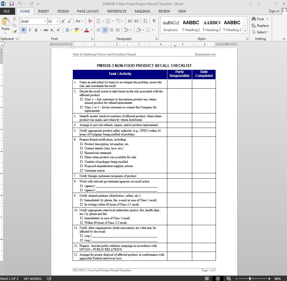 Non Food Product Recall Checklist Template Word