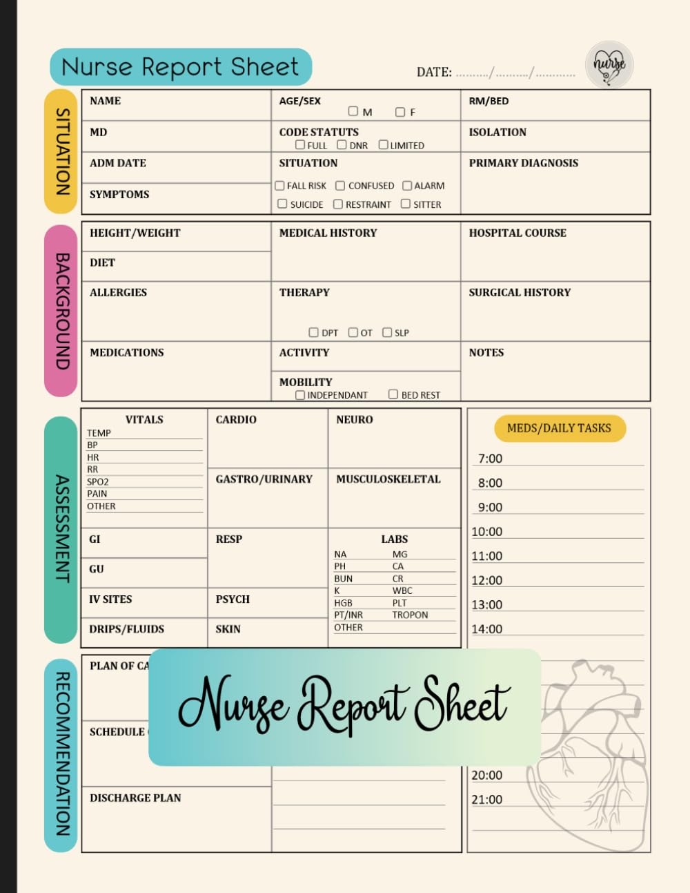 Nurse Report Sheet Notebook Customizable Nursing Report Templates 