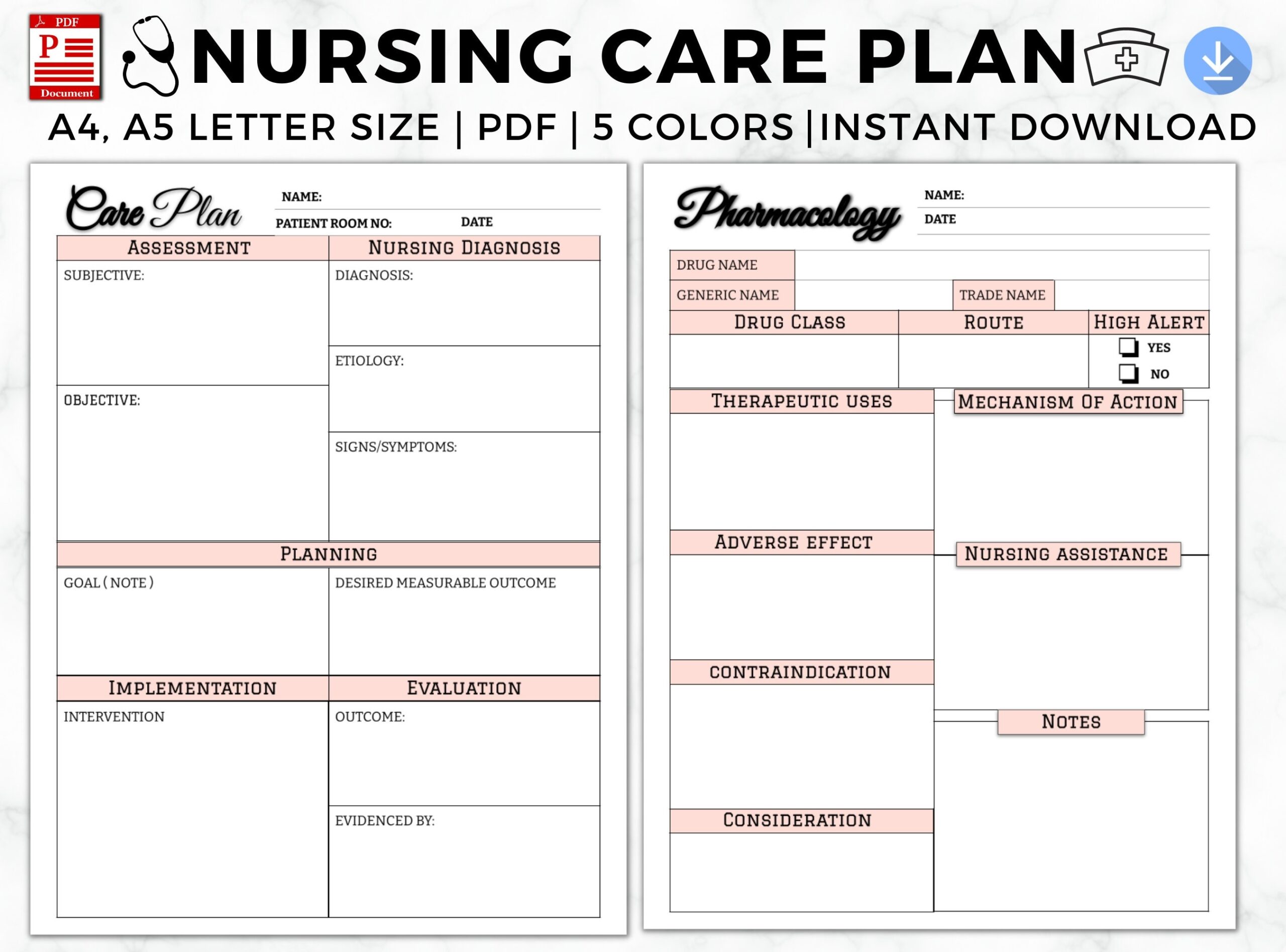 Nursing Care Plan Template Editable Nursing Report Sheet Student Nurse Planner Sheets Nursing School Assessment Diagnosis Planning PDF Etsy Australia