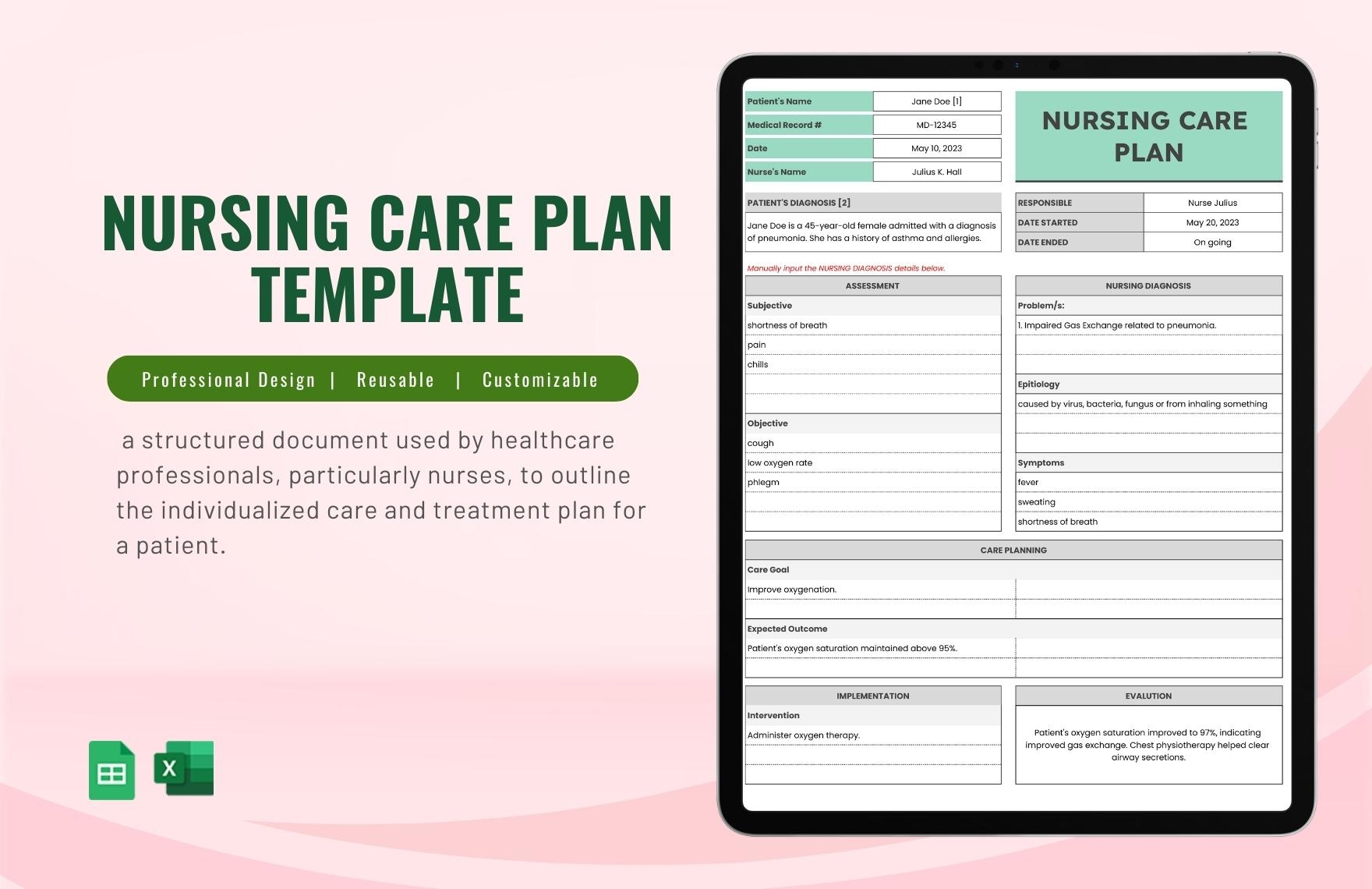 Nursing Care Plan Template In Excel Google Sheets Download 