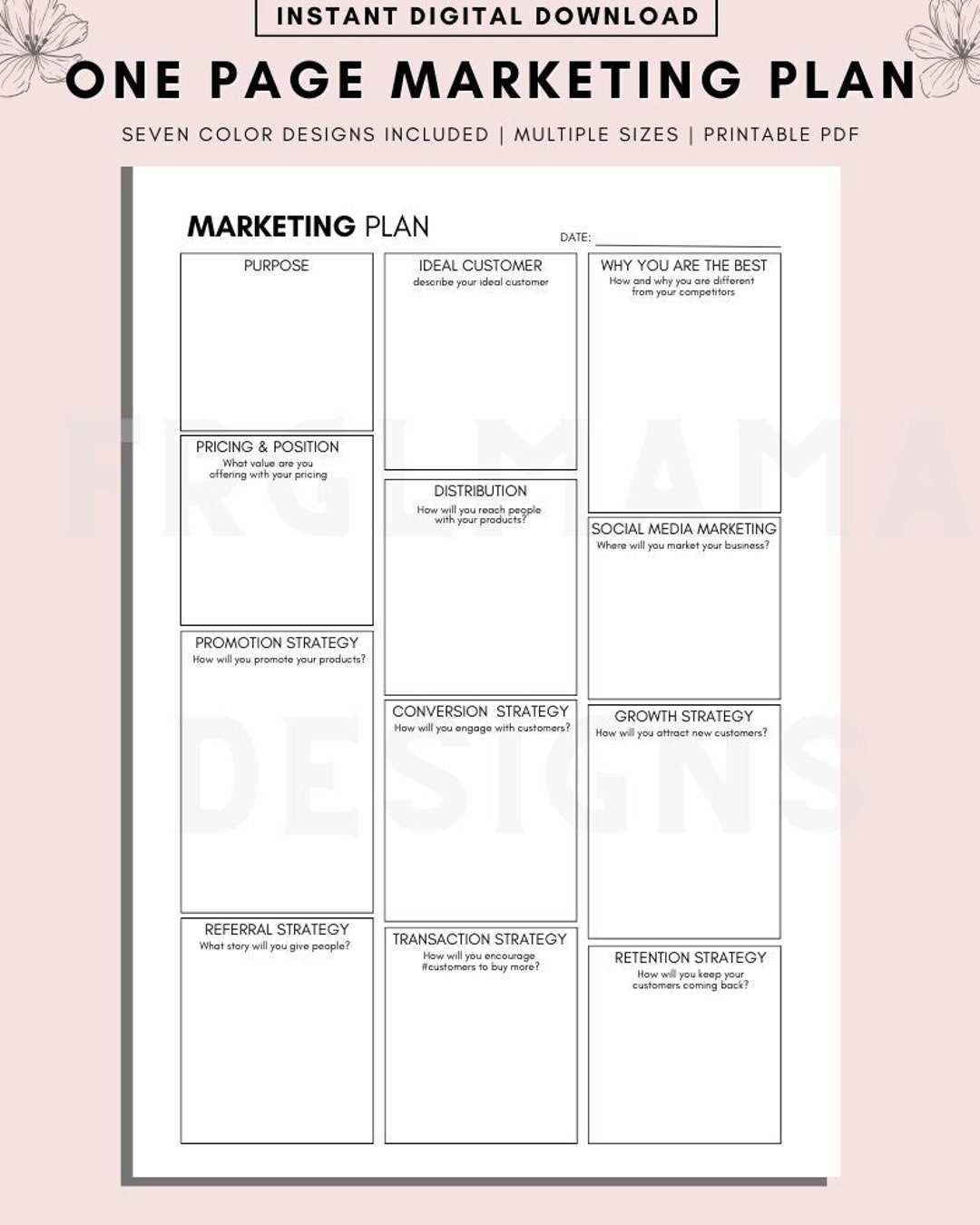 One Page Marketing Plan Template Business Marketing Plan One Page Business Plan Marketing Plan Lean Business Plan 1 Page Marketing Etsy