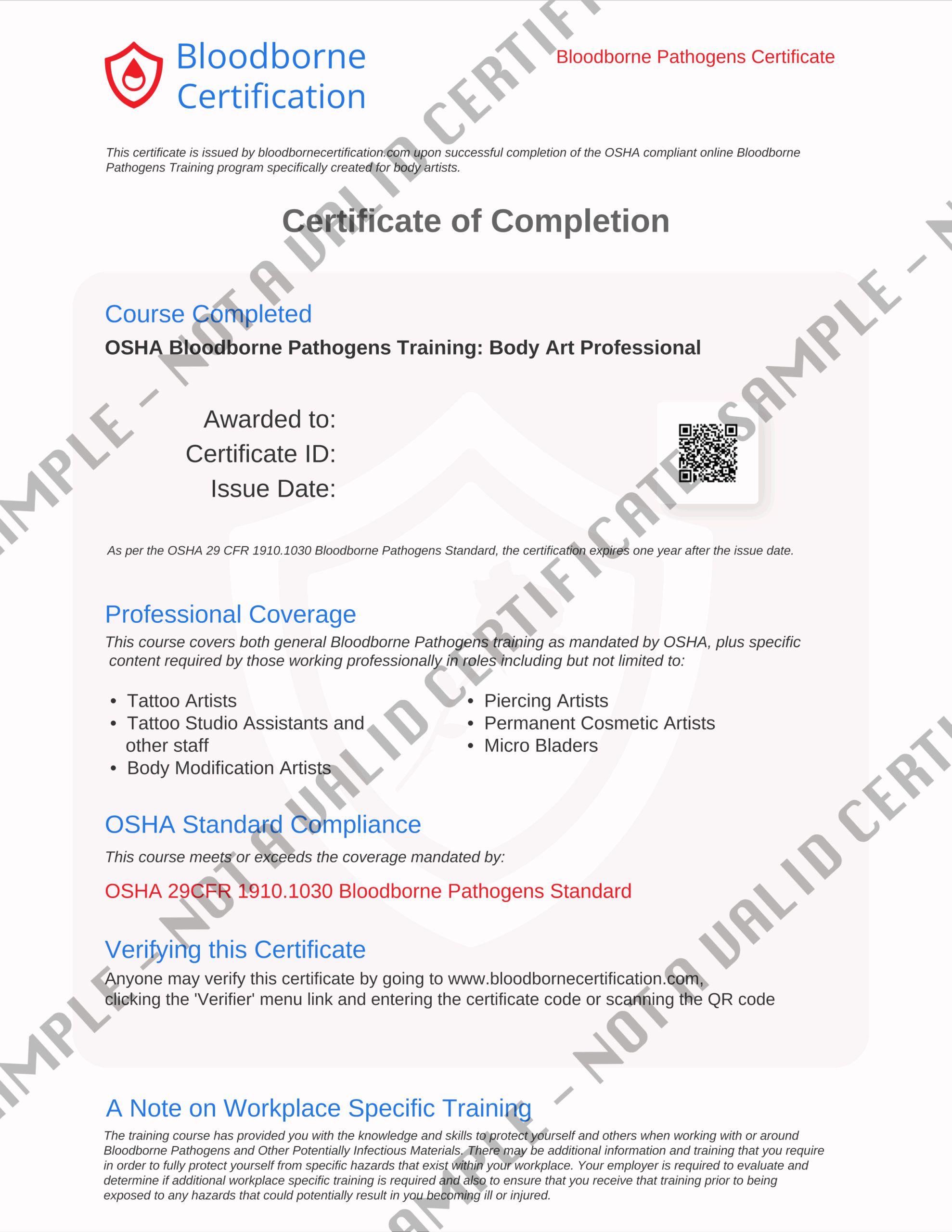OSHA Bloodborne Pathogens Body Art Professional Bloodborne Certification