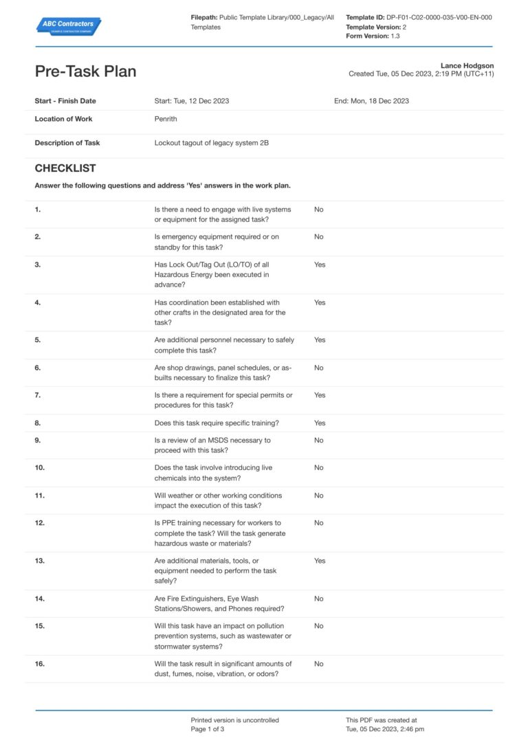 OSHA Pre Task Plan Template Use The Free Pre Task Plan Template