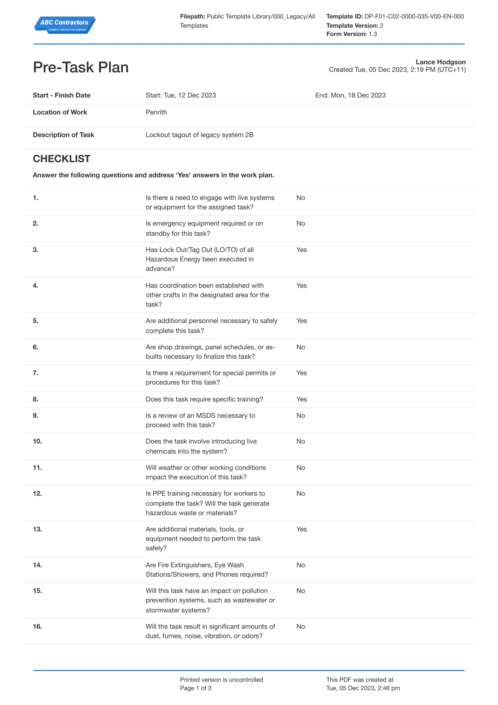 OSHA Pre Task Plan Template Use The Free Pre Task Plan Template