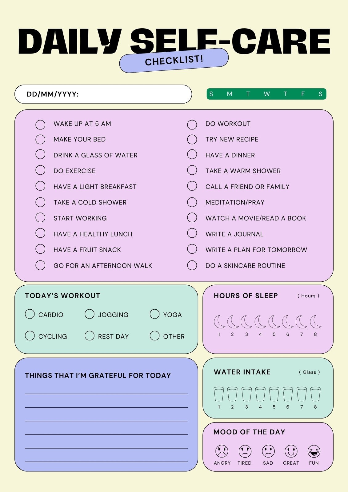 Self Care Plan Templates