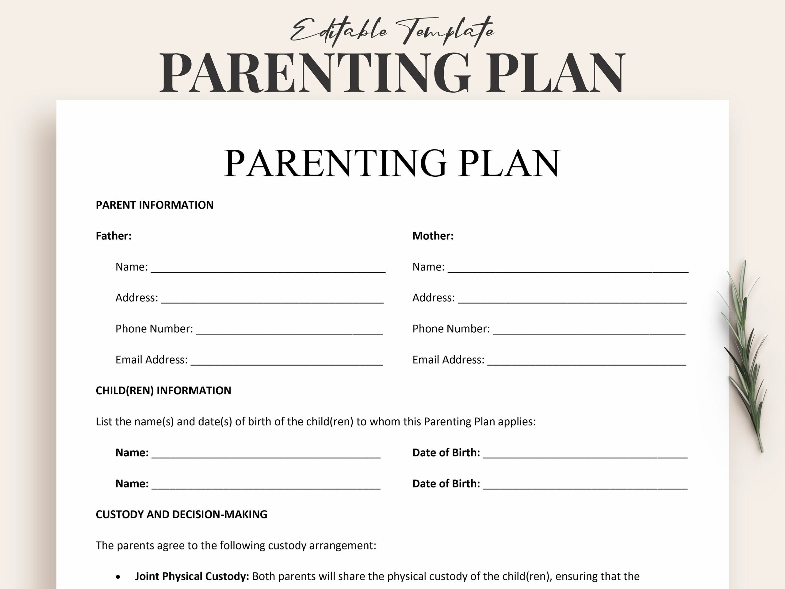 Parenting Plan Template Editable Child Custody Agreement PDF U0026 Word Comprehensive Parenting Plan Form Etsy