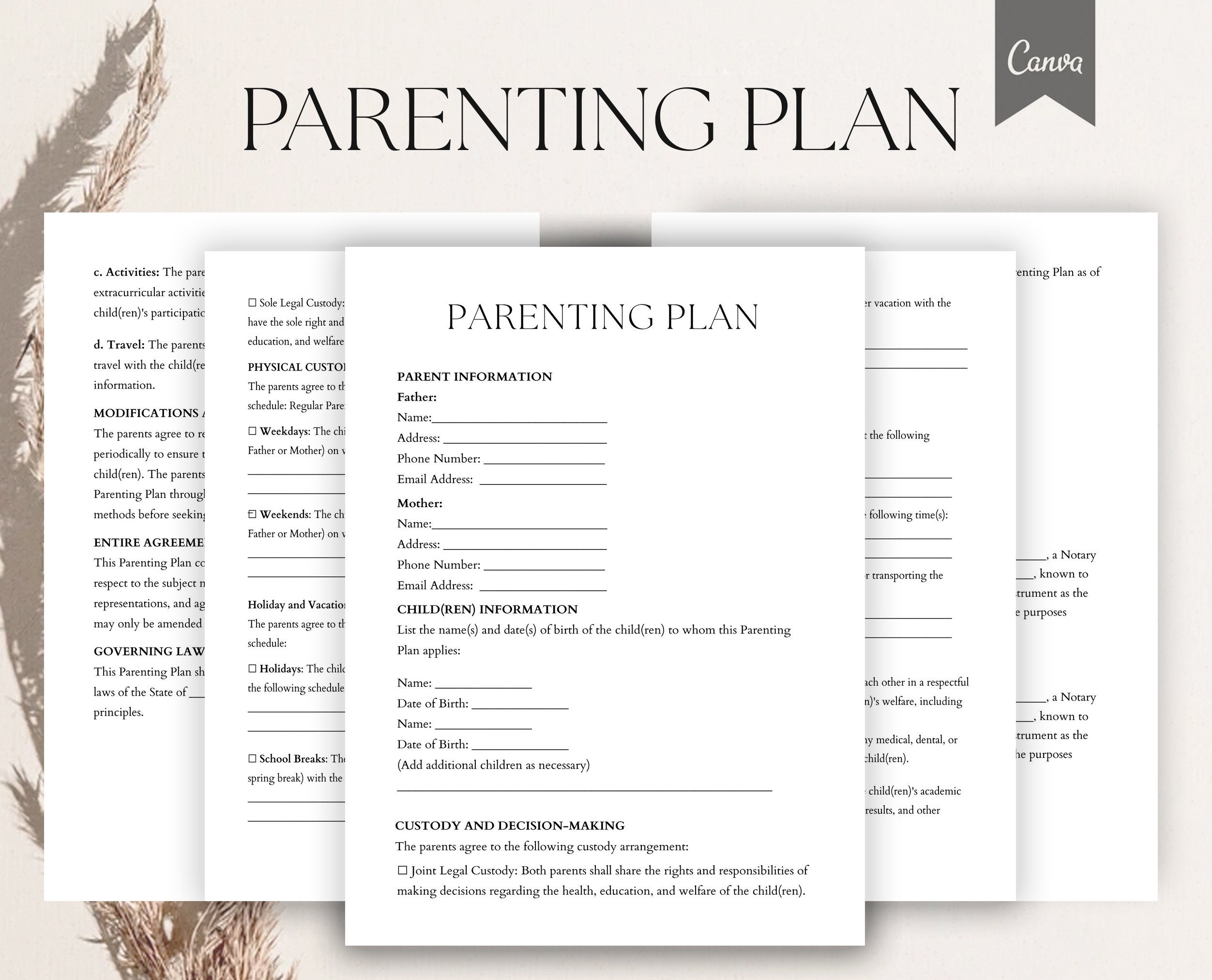 Parenting Plan Template Editable Parenting Plan Form Child Custody Form Custody Agreement Template Pdf canva Etsy