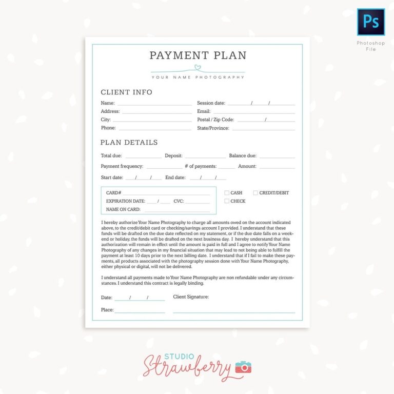 Payment Plan Templates Photography Forms Payment Plan Form For Photographer Photoshop Template For Photographers Payment Sign Up Form