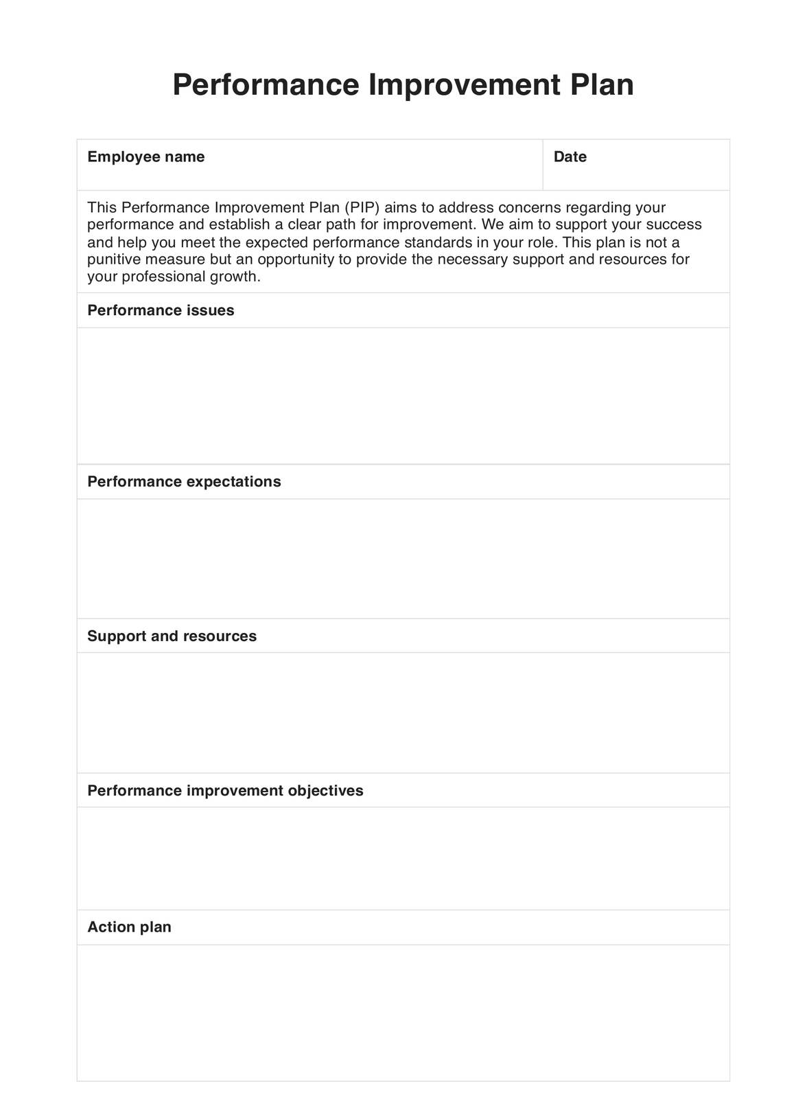 Performance Action Plan Template