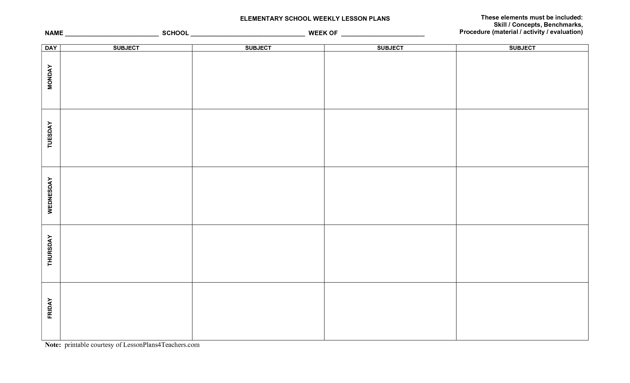 Blank Printable Weekly Lesson Plan Template