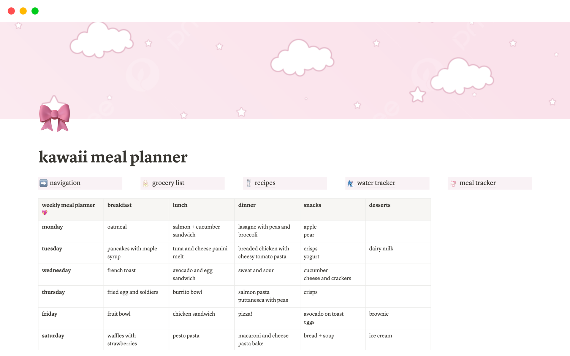 Pink Kawaii Meal Planner