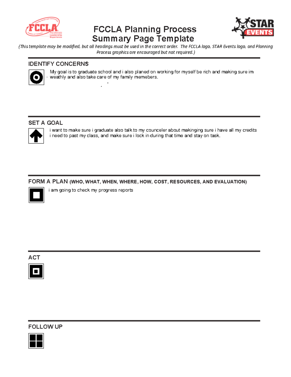 Planning Process Summary Page Template Fillable FCCLA Planning 
