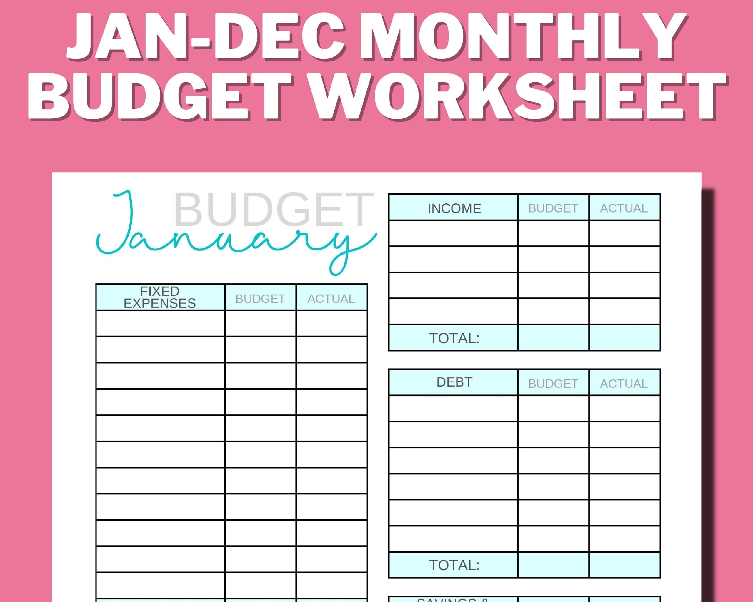 PRINTABLE 12 Month Budget Planner Monthly Budget Sheet Financial 