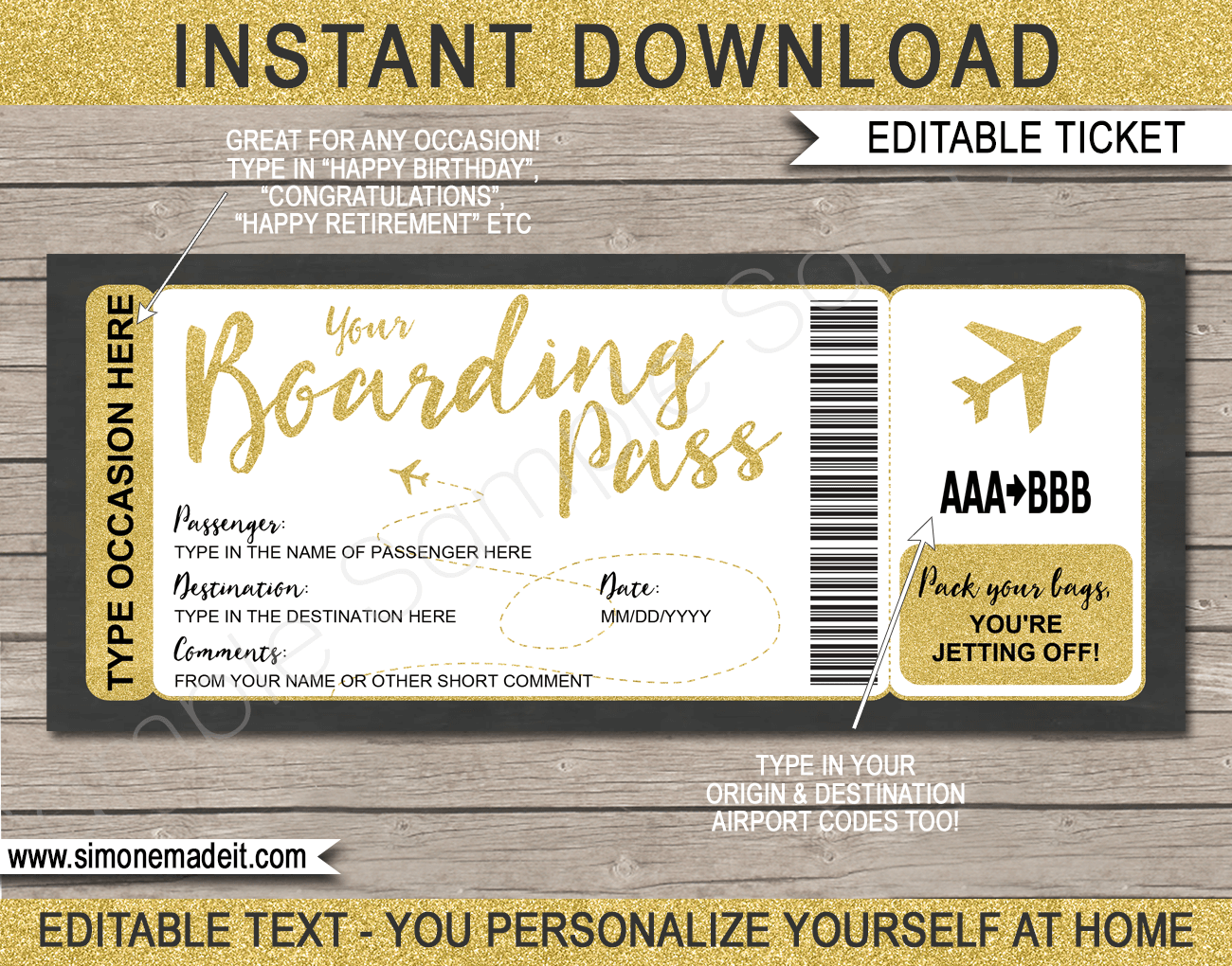 Printable Boarding Pass Ticket Template Fake Plane Ticket Trip 