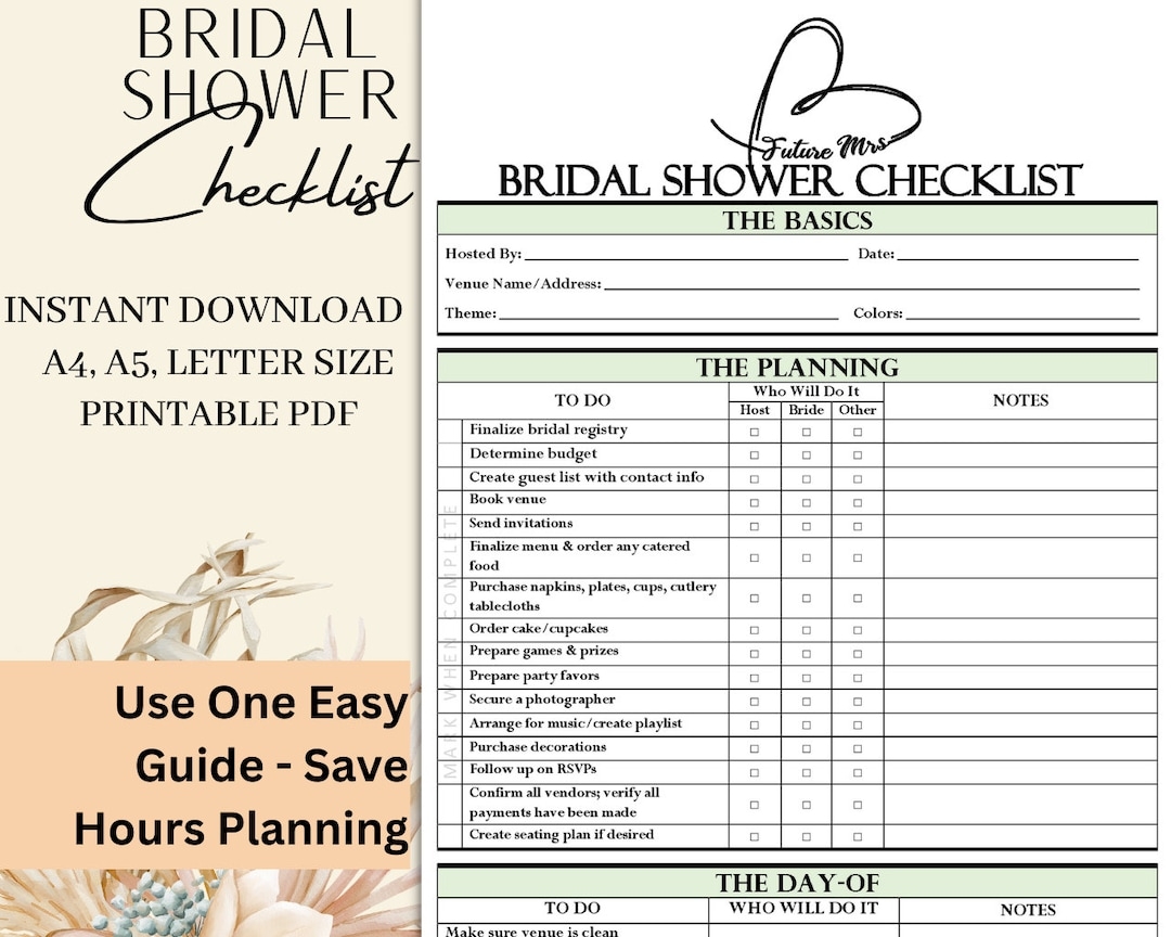 Printable Bridal Shower Checklist Instant Download Bridal Shower Guide Etsy