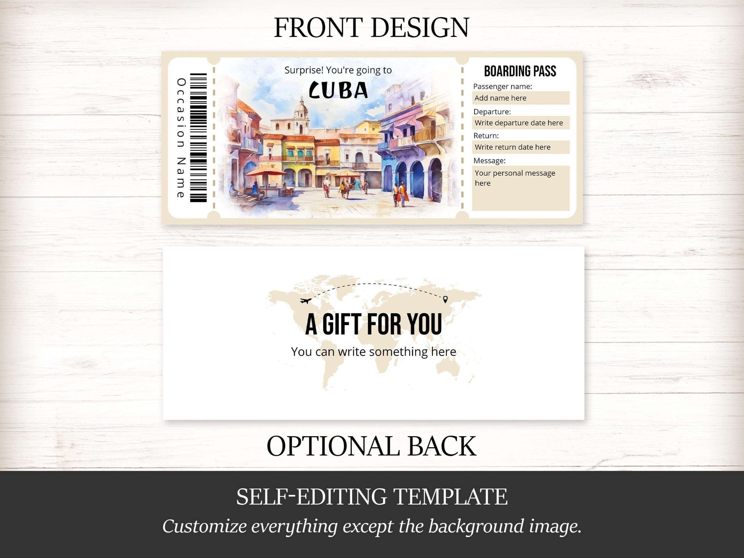 Printable Cuba Boarding Pass Template Personalized Editable Surprise Cuba Plane Ticket Template With Envelope Instant Download Etsy
