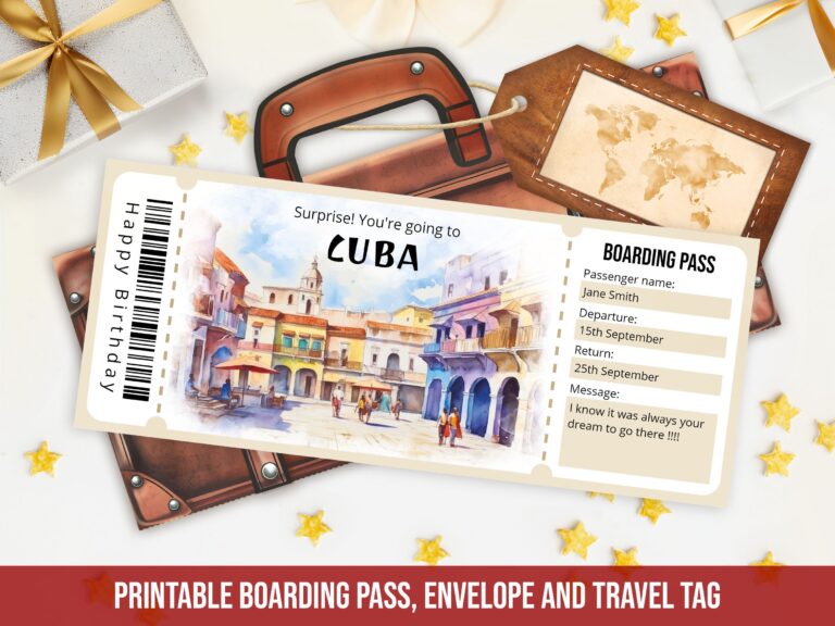 Printable Cuba Boarding Pass Template Personalized Editable Surprise Cuba Plane Ticket Template With Envelope Instant Download Etsy
