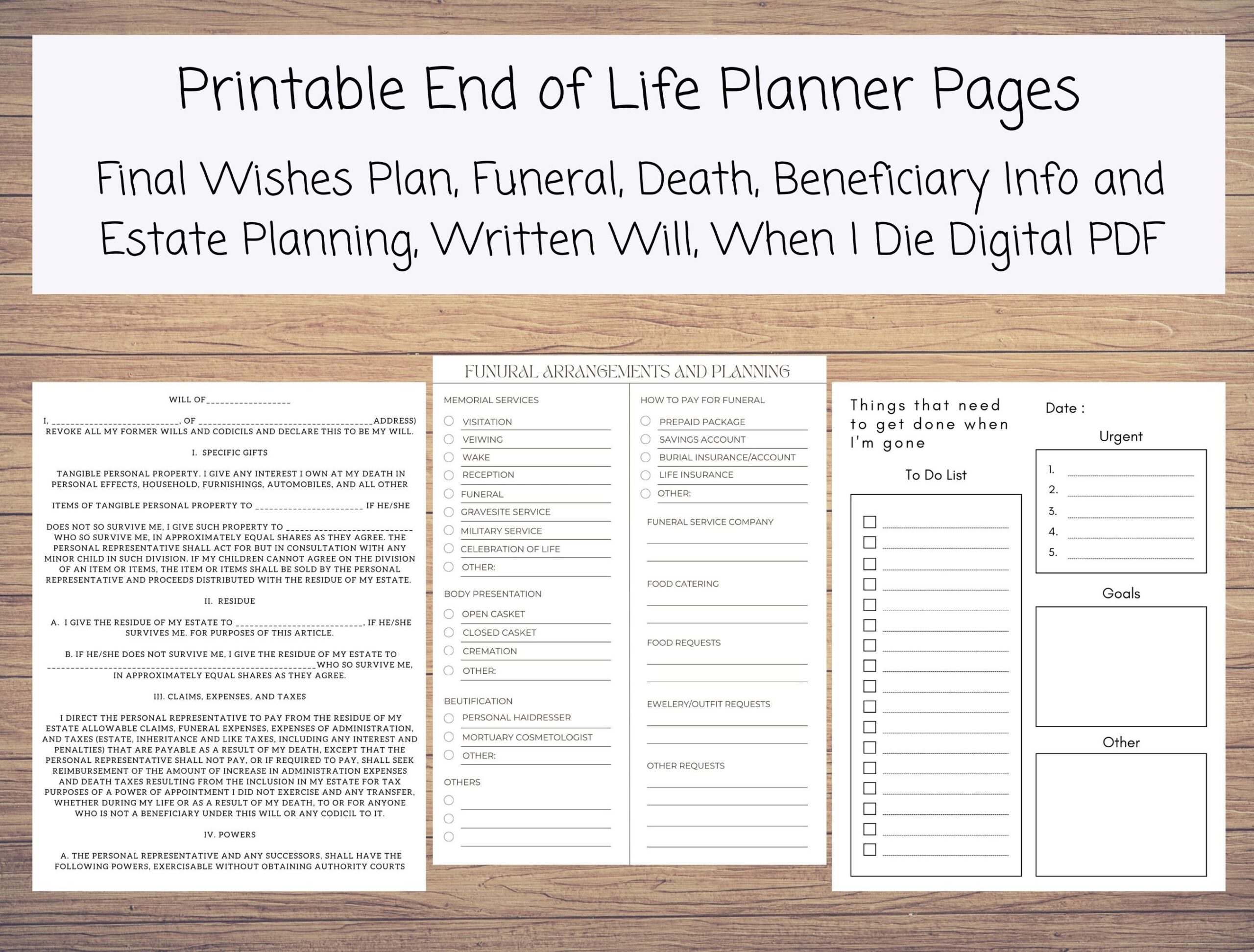Printable End Of Life Planner Final Wishes Plan Funeral Death 